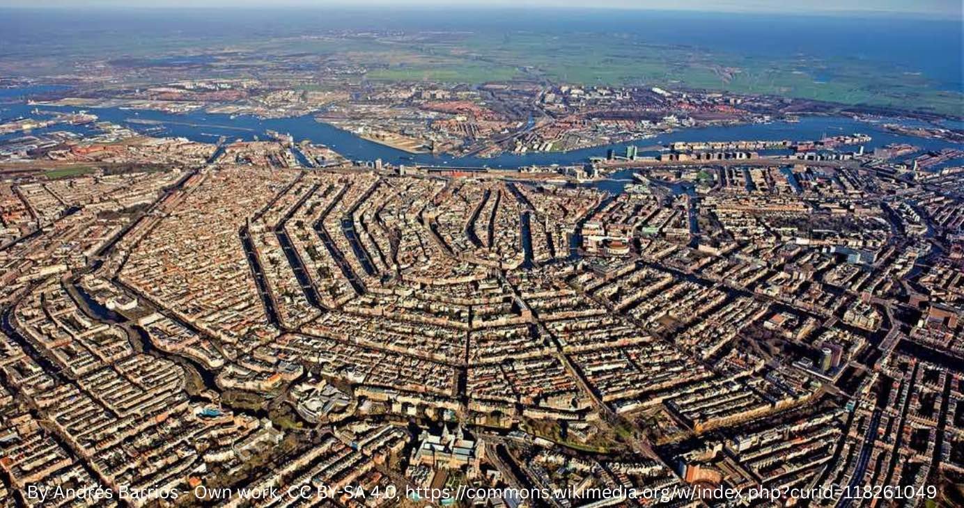 An aerial picture of Amsterdam's concentrical canal network