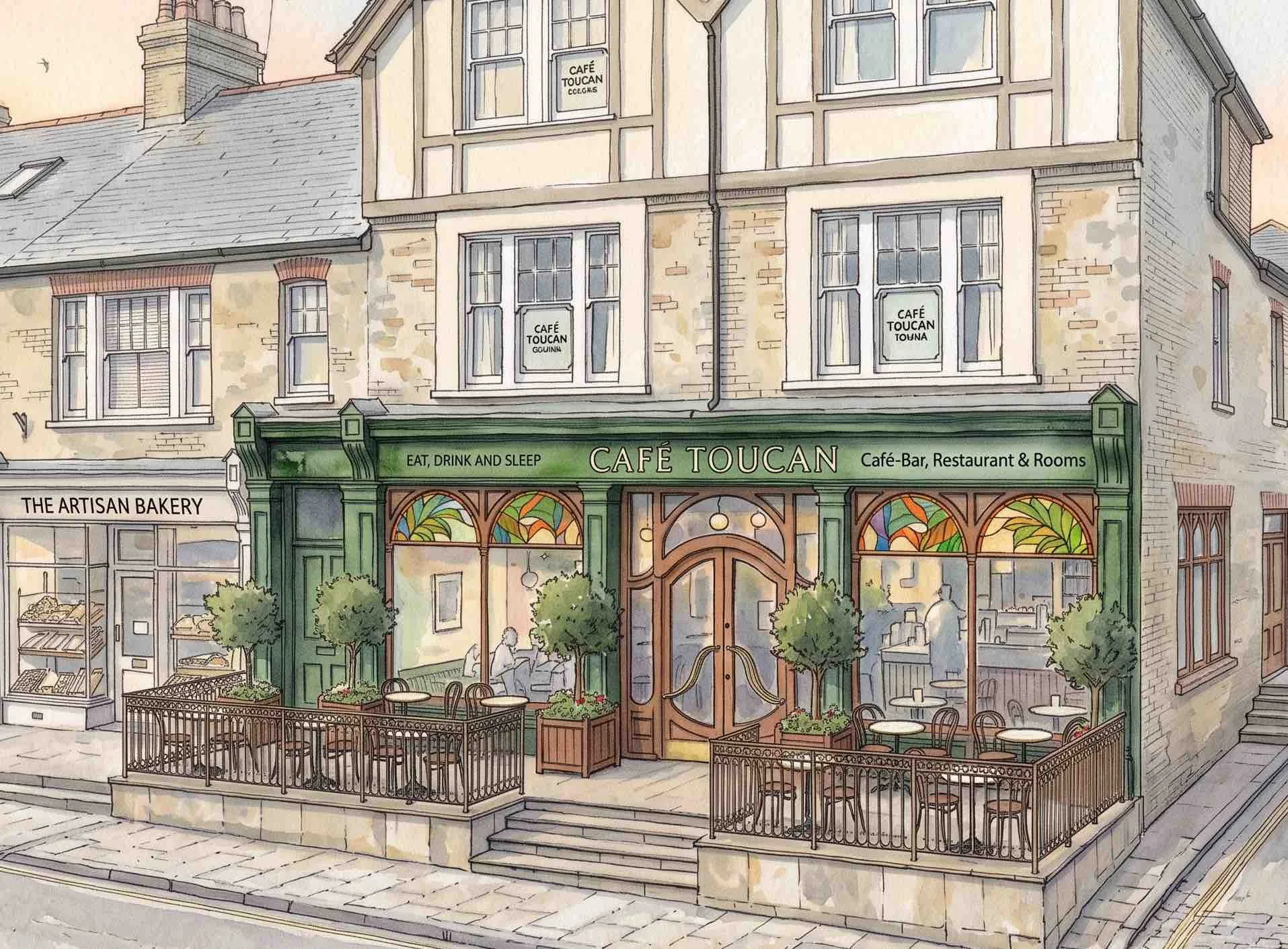 A drawing of the Café Toucan, as featured in the novel THE SECRET LIFE