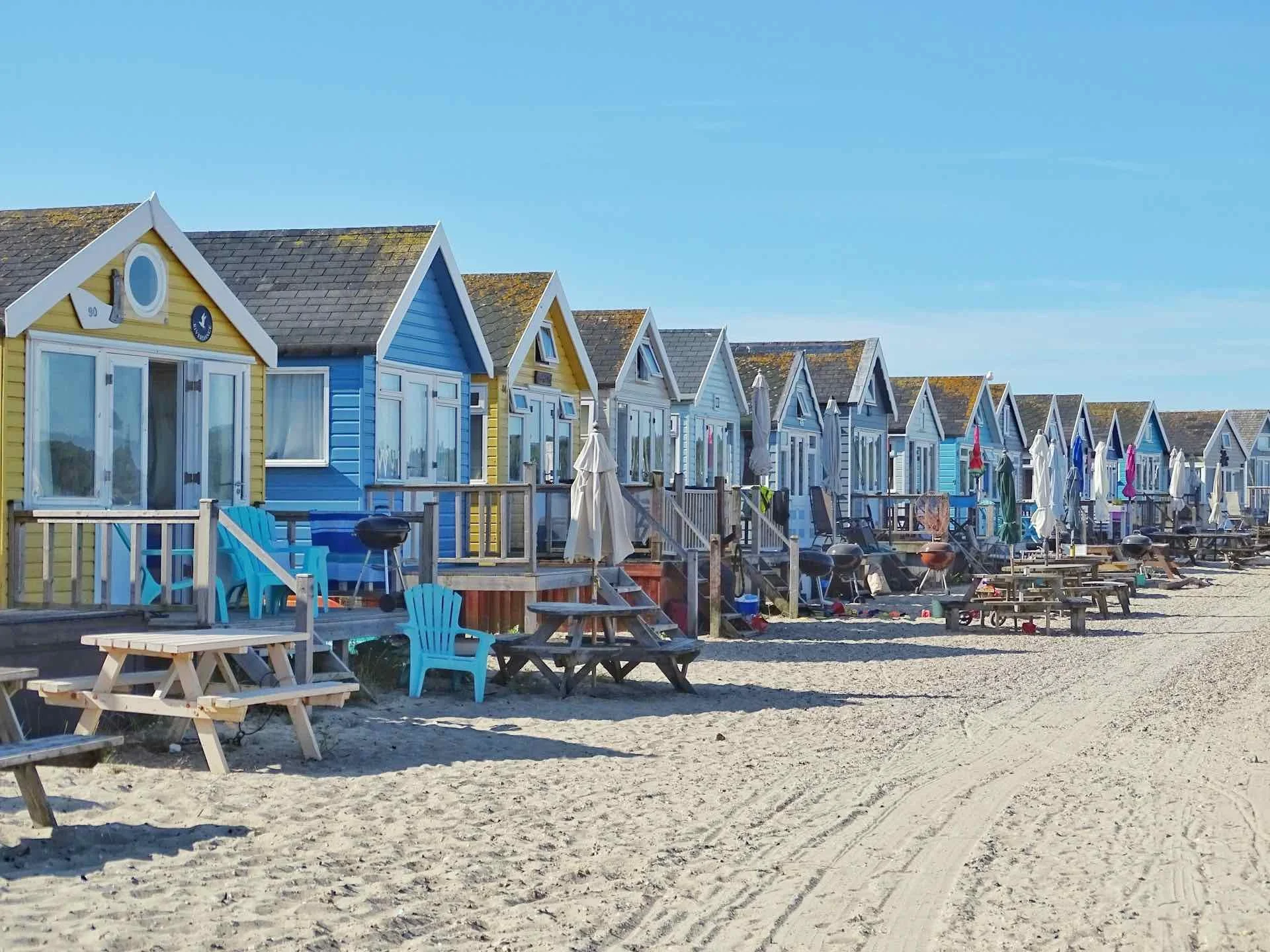A row of colourful beach huts at Hengistbury Head