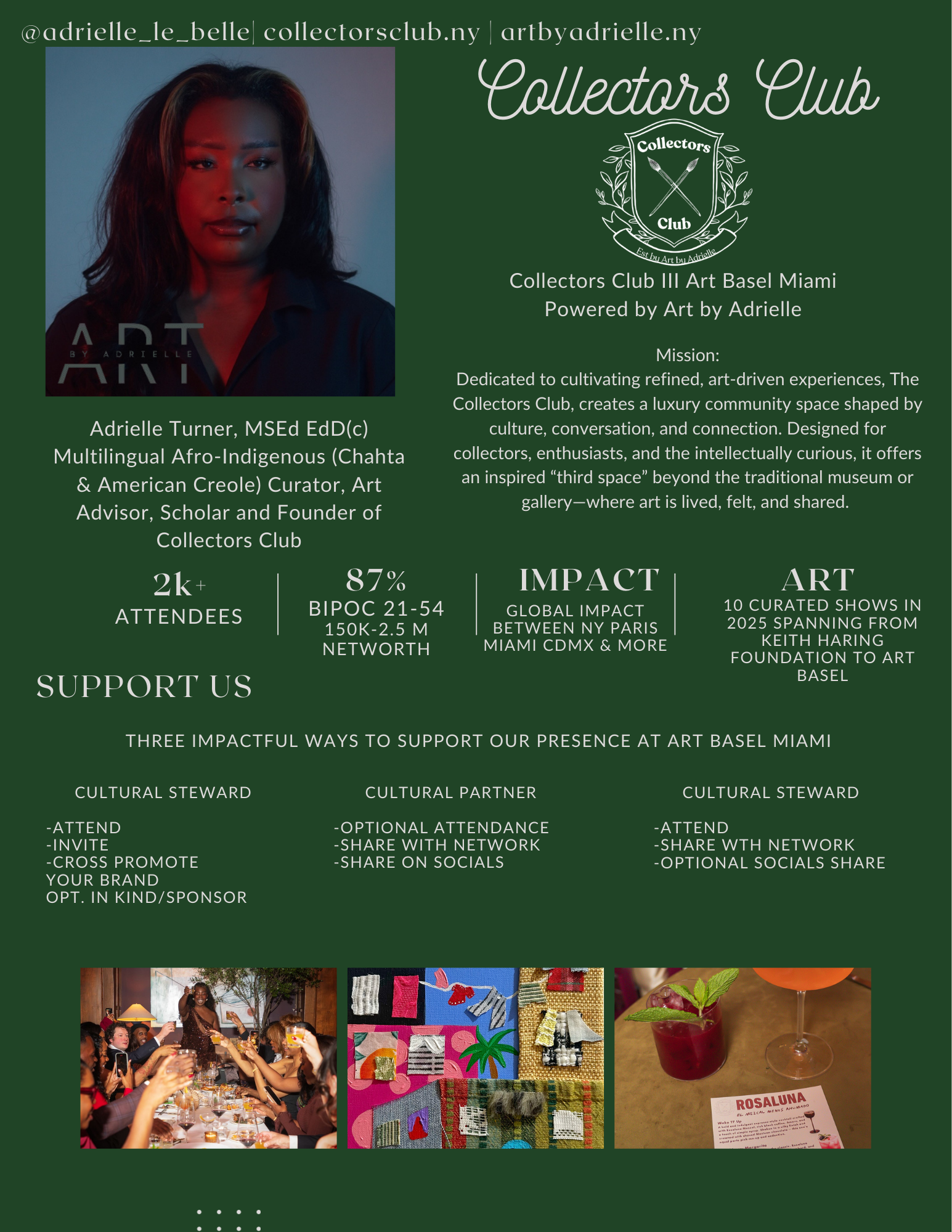 A digital poster for Collectors Club features a portrait of Adrielle Turner, a woman with dark hair and makeup, on the top left. The green background includes text about the club's mission, impact, art, and ways to support, along with three photographs at the bottom showing a gathering, colorful artwork, and a drink with a name tag.