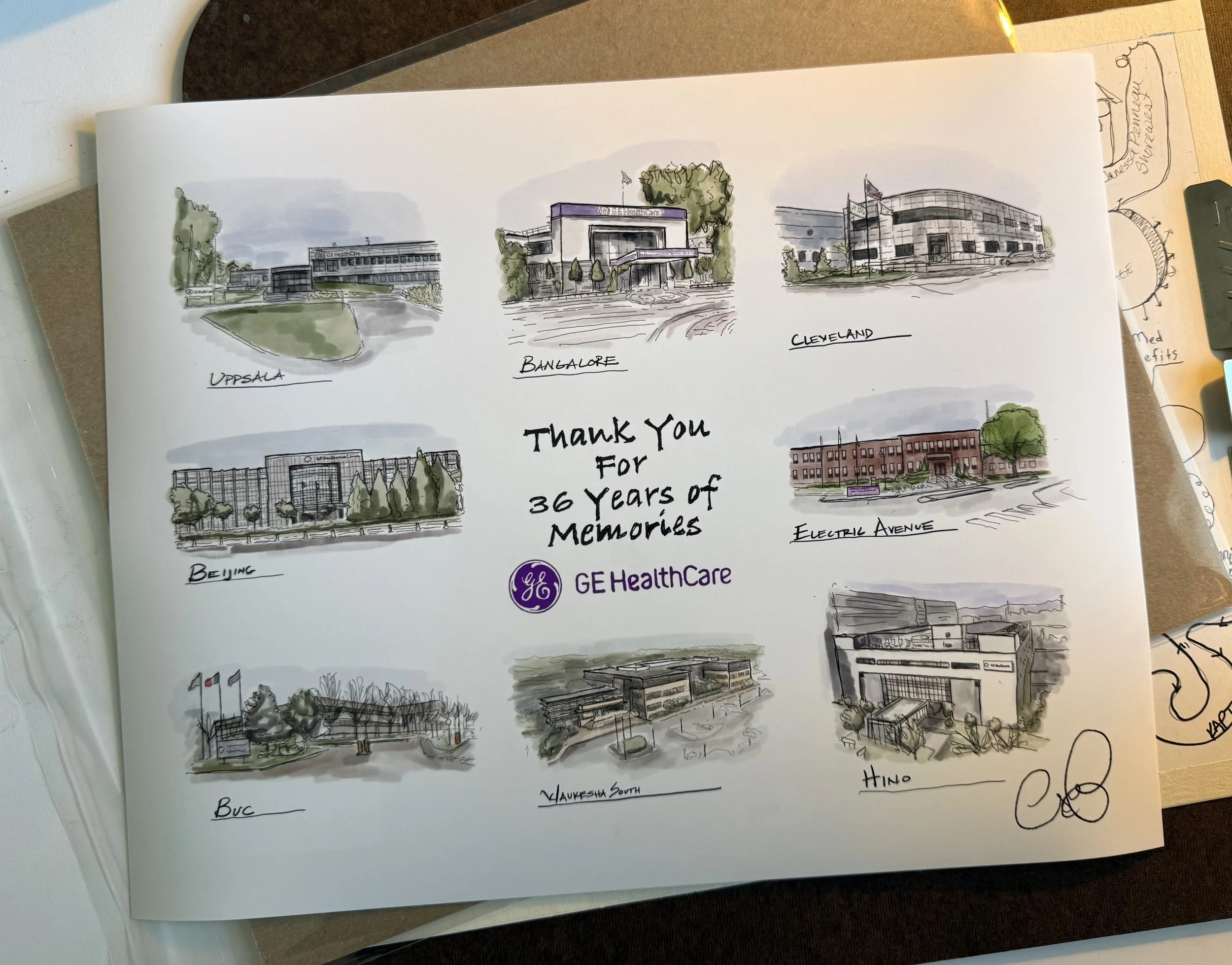 Sketches of different healthcare facilities, including Uppsala, Bangalore, Cleveland, Beijing, Buck, and Yaukeshm South, with handwritten labels and minimal color highlighting greenery and building details.