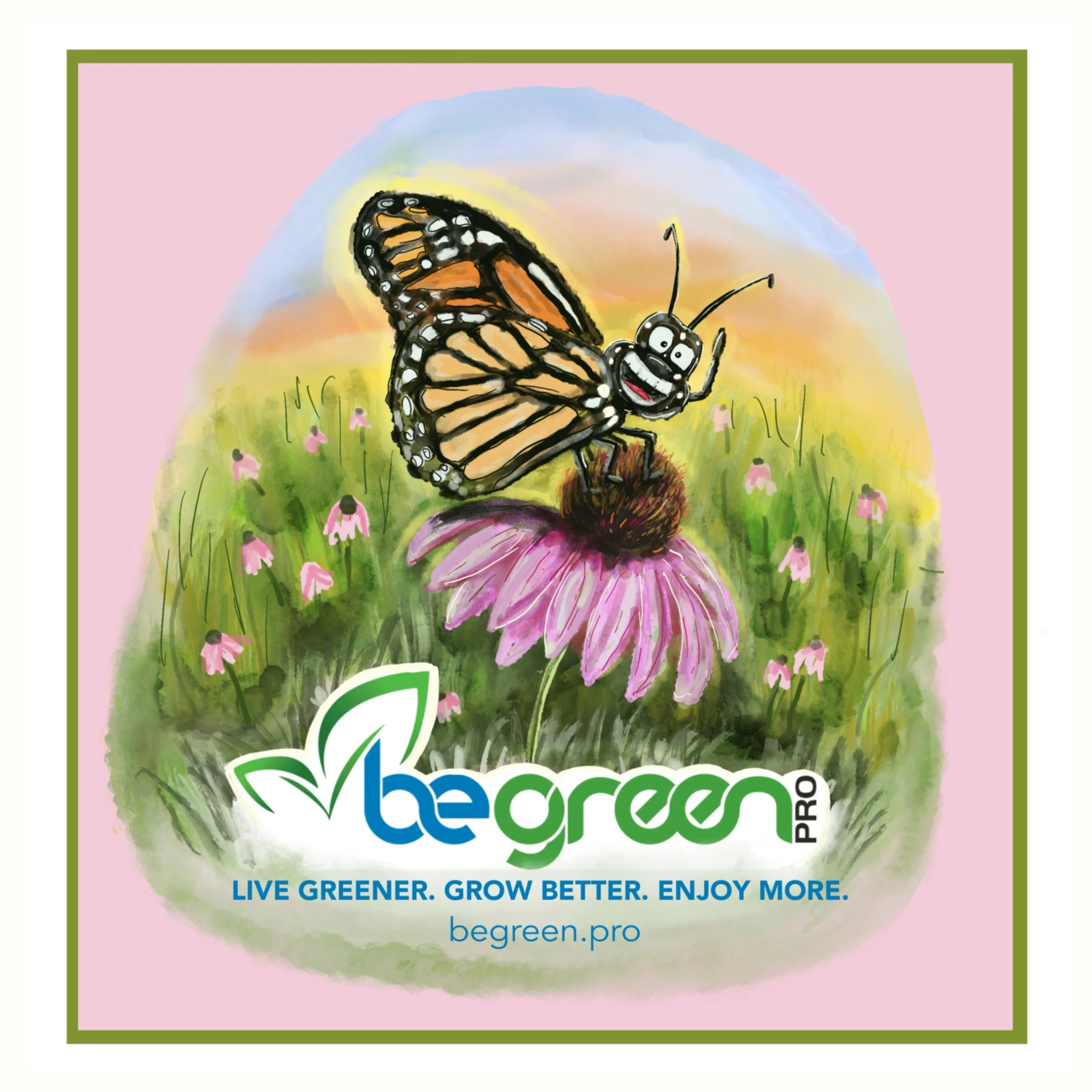 Illustration of a butterfly perched on a pink flower with a colorful sunset in the background and green grass at the bottom, framed with a green border.
