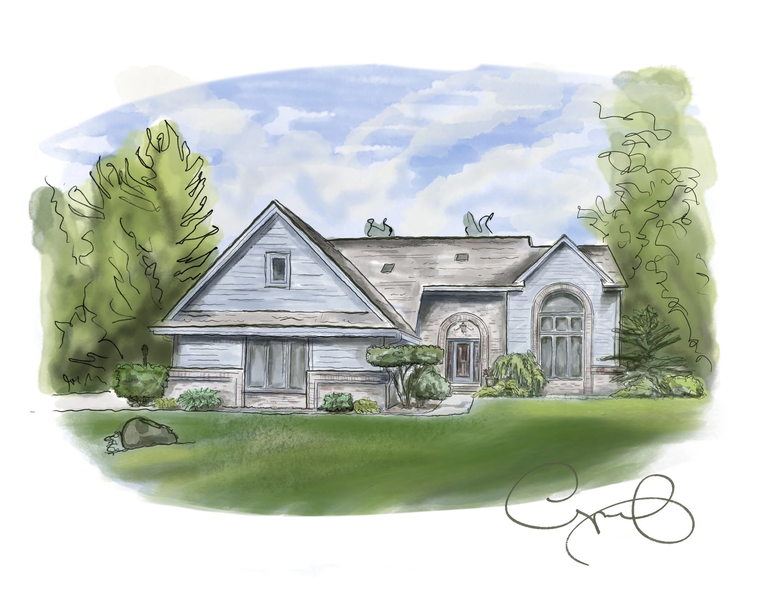 Watercolor illustration of a house with gray siding, arched windows, and a sunny sky with clouds, surrounded by trees and a green lawn.