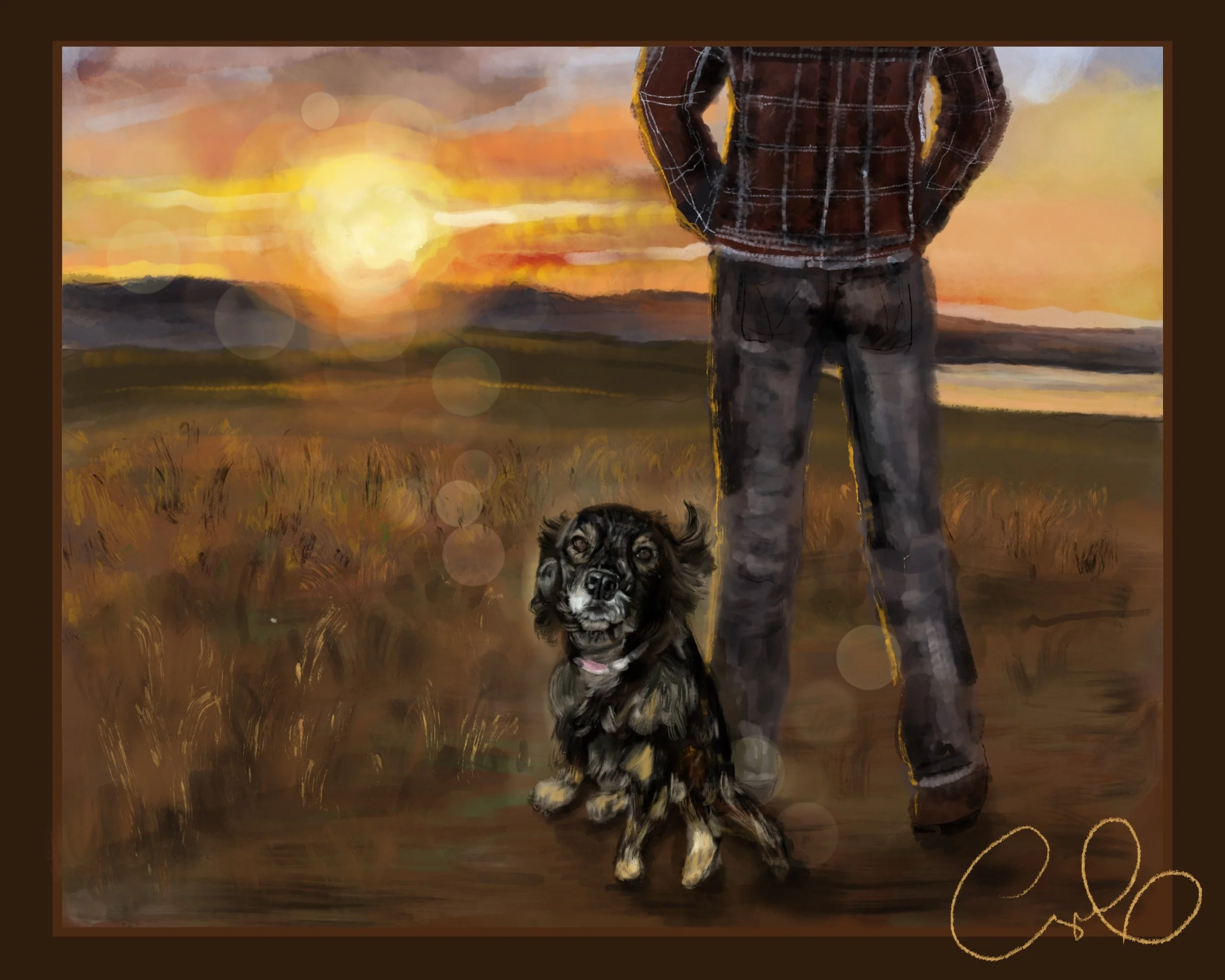 A person in a plaid shirt stands outdoors during sunset with a black dog sitting at their feet.