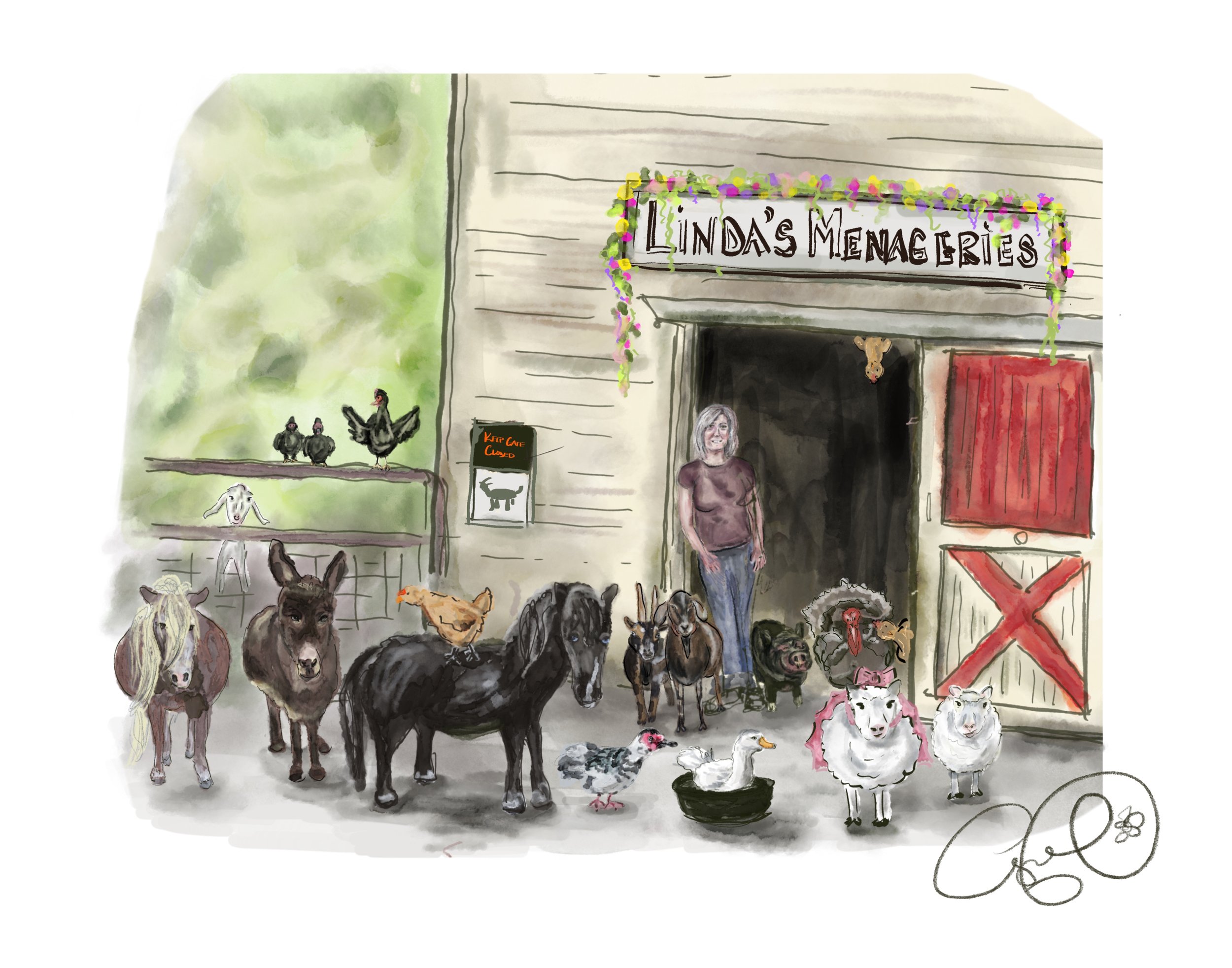 A watercolor illustration of the entrance to 'Linda's Menagerie' with various animals including horses, chickens, ducks, guinea pigs, and a woman standing at the doorway.