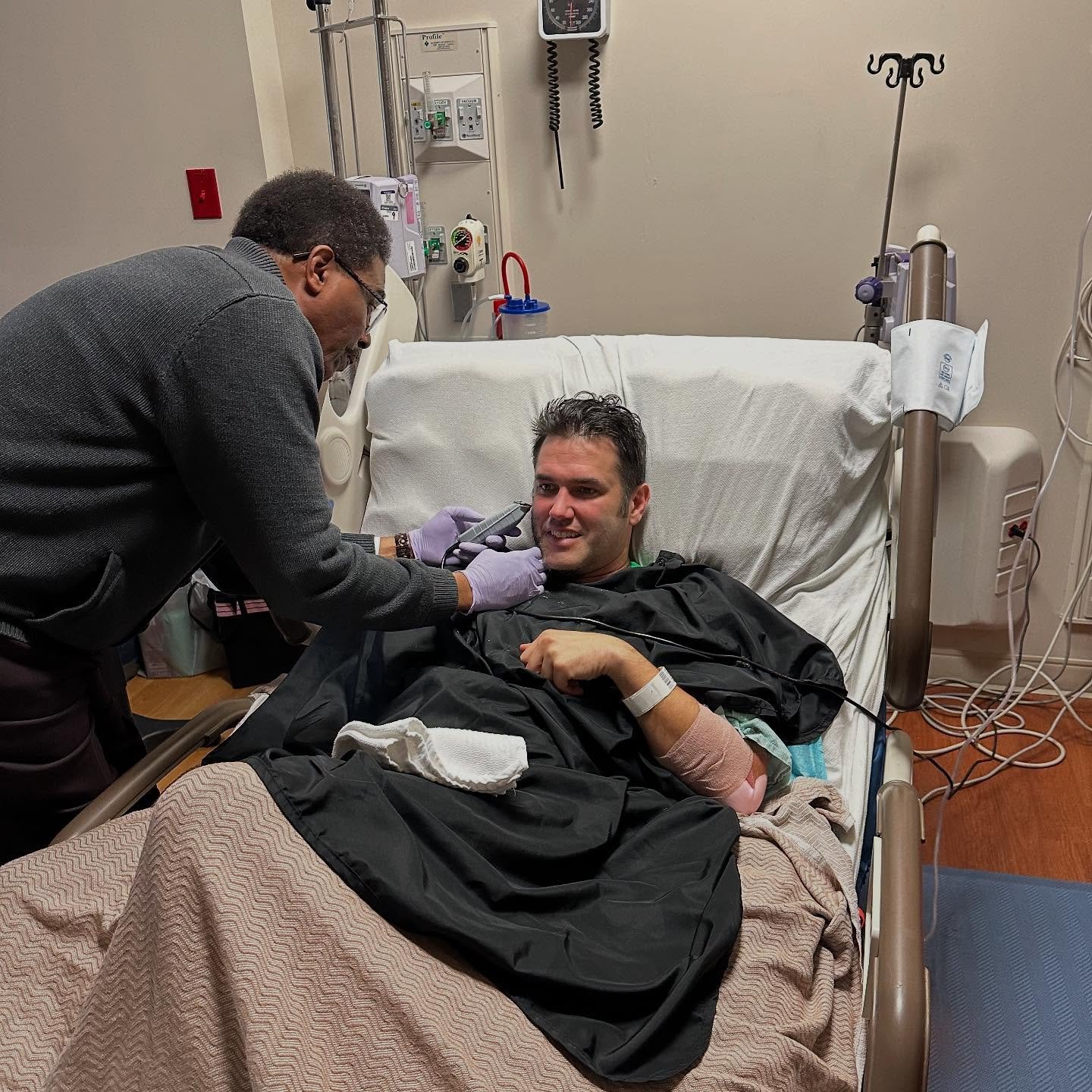 All smiles as Michael got his first shave in the hospital room from dear friend at our church. 😍 

Honestly, the way you all loved on us and made happen whatever we needed (like a clean shave) was amazing to be a part of. 

Show up for your people. 