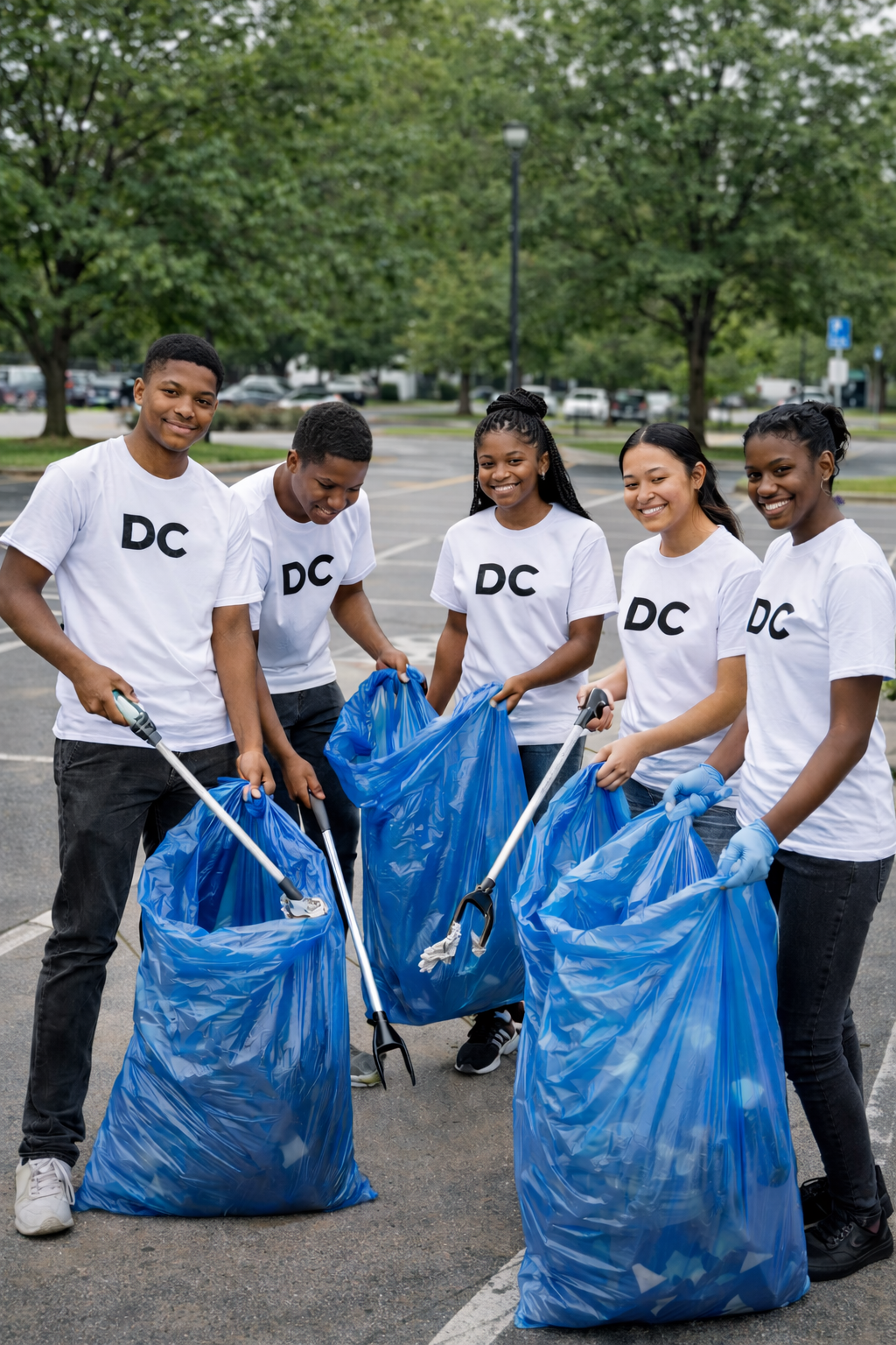Group of five young volunteers wearing white t-shirts with 'DC' printed on them, holding large blue trash bags and trash pickers, participating in a community cleanup in a parking lot with trees in the background.