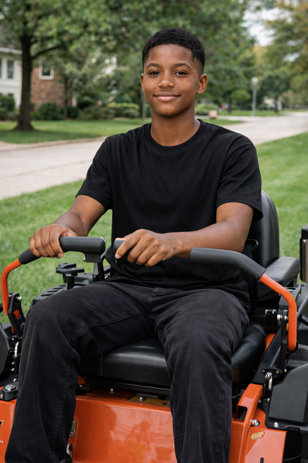 A young man sitting in an orange electric wheelchair outdoors, wearing a black t-shirt and black pants, with a background of trees and a residential neighborhood.