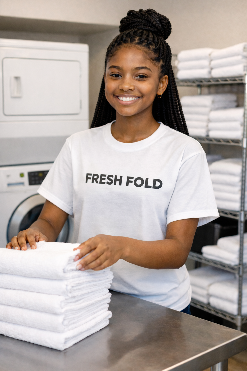 A young woman with braided hair smiling at the camera, folding white towels in a laundry room.
