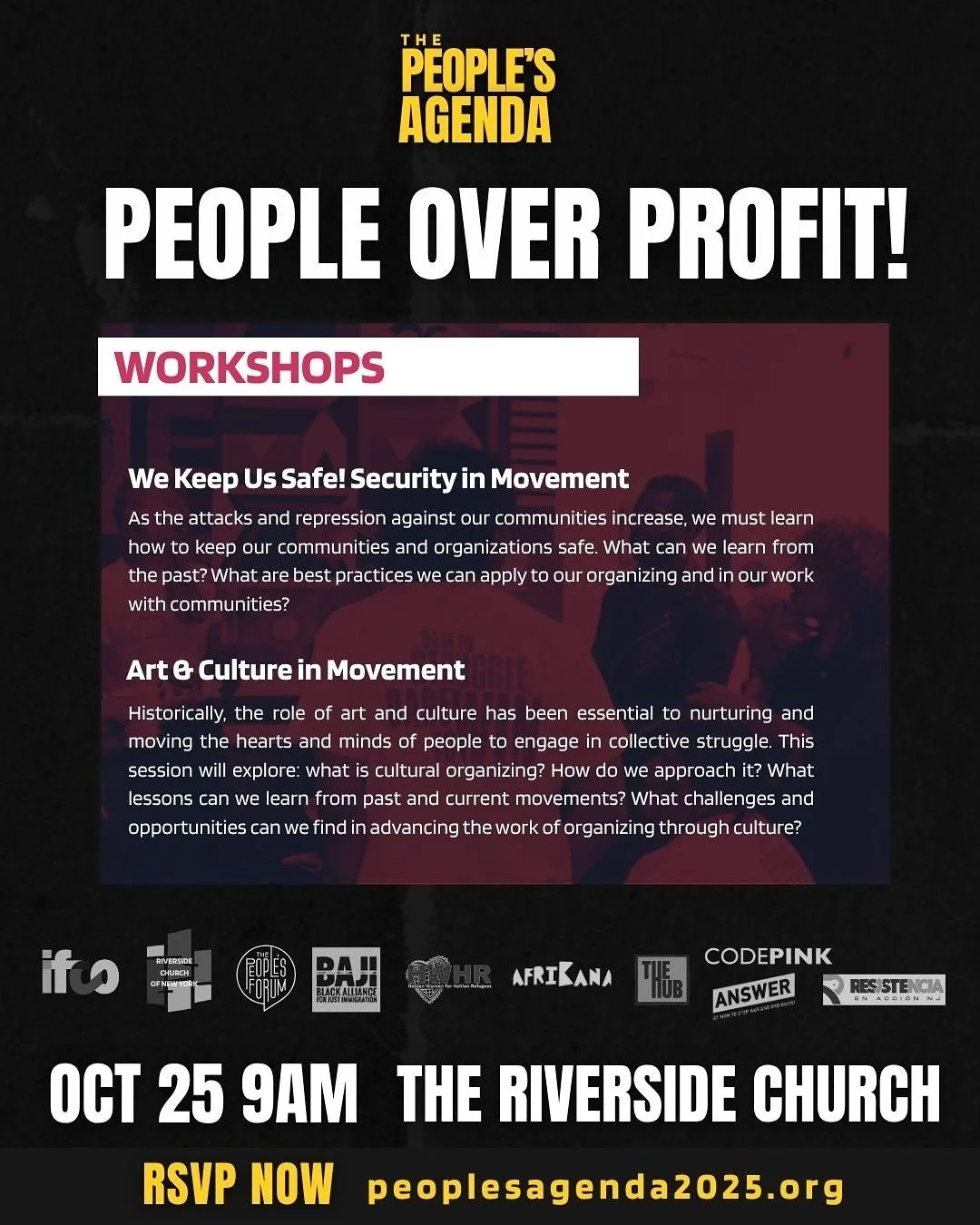 We are just one week away from The People&rsquo;s Agenda: People Over Profit! Join us for a day of important exchanges and information sharing. Let&rsquo;s build community and move this movement forward together. 

There will be performances, panels,