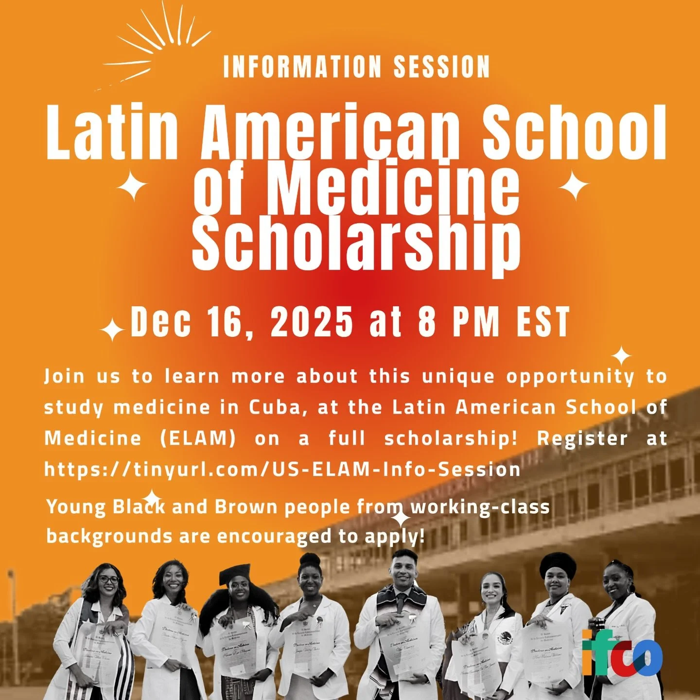 Ready to practice medicine in service to your community and the world? 🌍🩺

Join us December 16, 2025 at 8 PM EST for an online Information Session about the Latin American School of Medicine (ELAM) Scholarship. This is a full medical school scholar