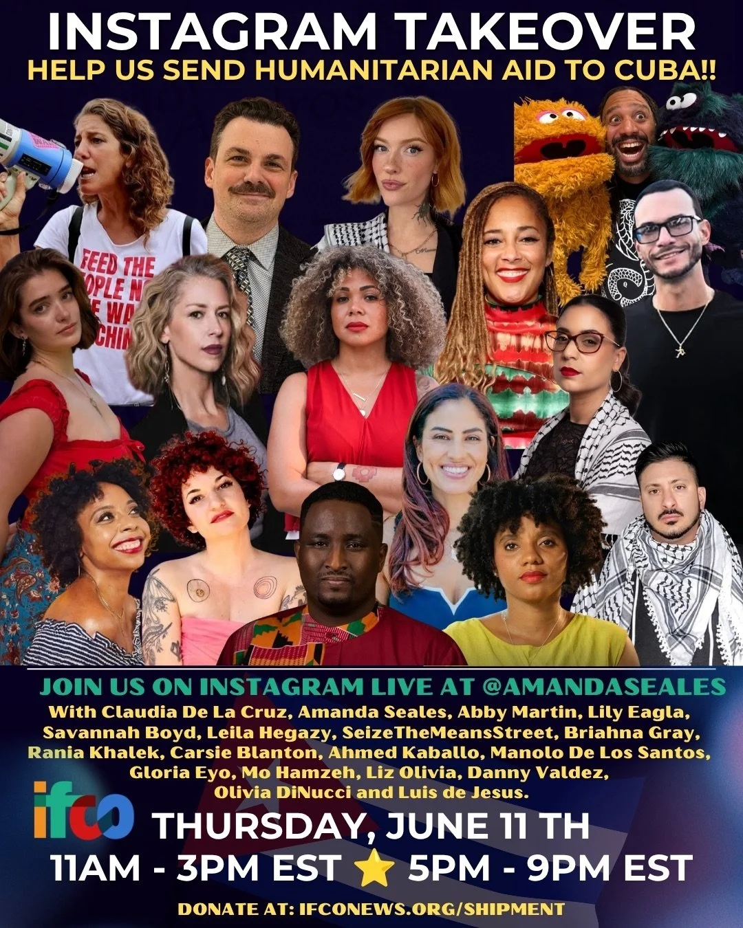⭐️Amanda Seales @amandaseales is working with IFCO to put together a Day of Solidarity with Cuba on: 

Thursday June 11th 2026
11AM-3PM EST &amp; 5PM-9PM EST

⭐️Claudia De La Cruz @1claud9 will be taking over Amanda Seales Instagram @amandaseales 🇨?