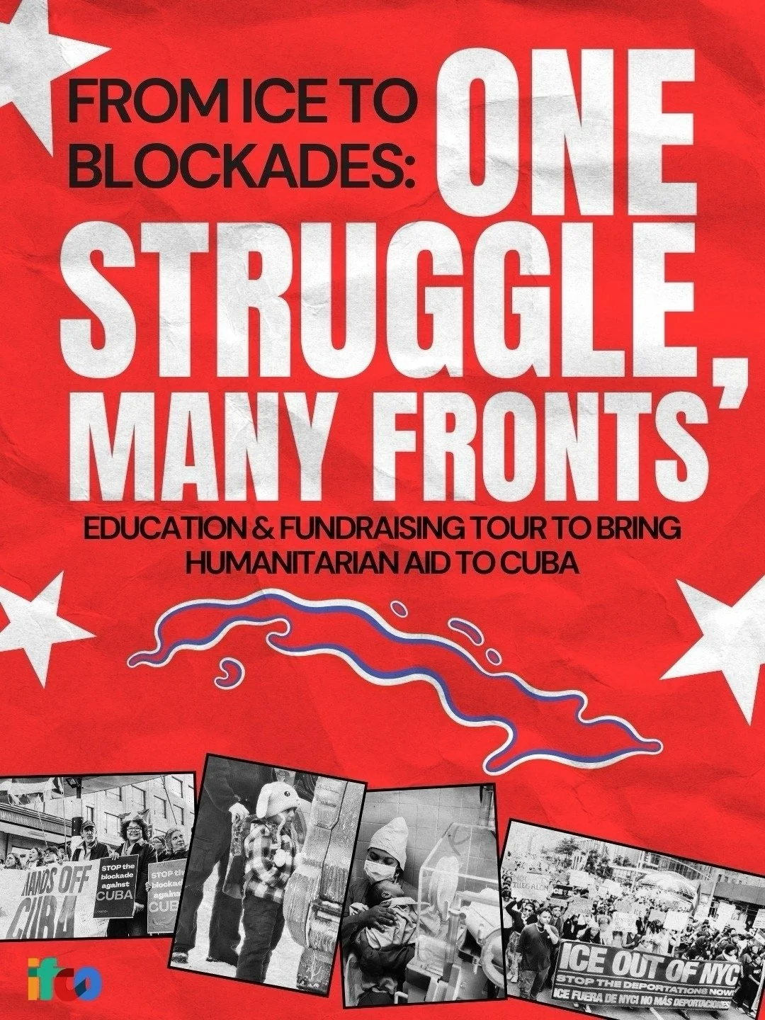 Red poster with white and black text and photos showing protests against the U.S. embargo on Cuba.