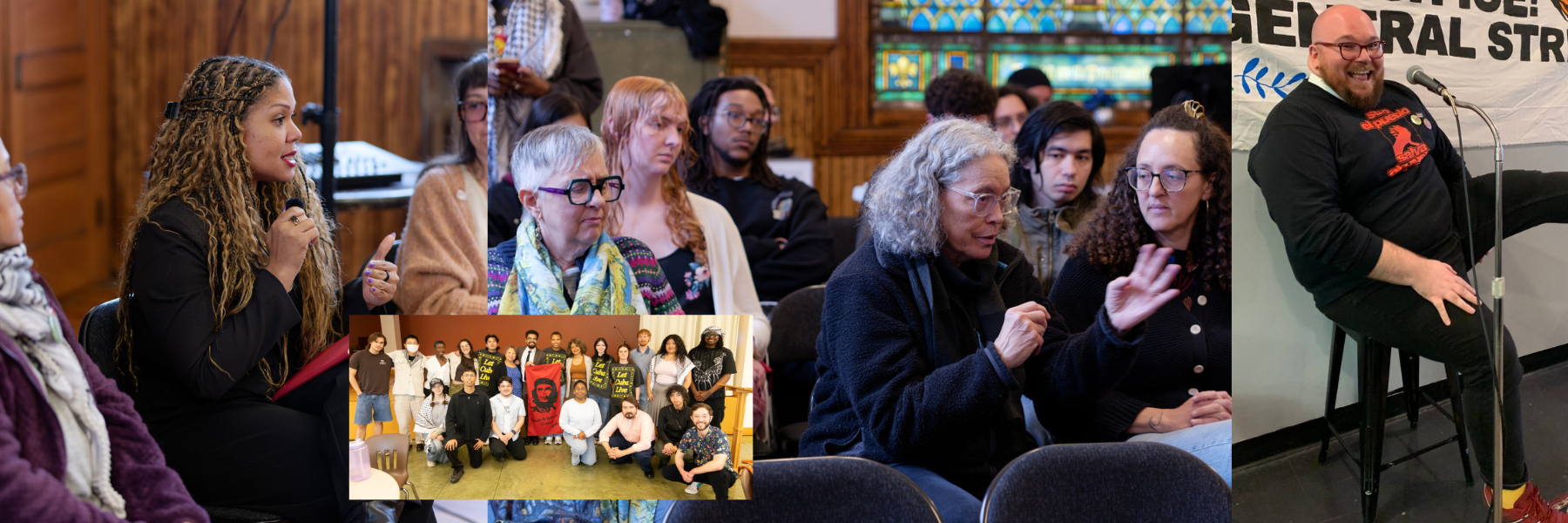 Group of diverse people attending a discussion or event in a wood-paneled room with stained glass windows, including a woman with long dreadlocks speaking into a microphone, an older woman with gray hair and glasses gesturing, and a man with a beard and glasses smiling while sitting on a stool with a microphone. There is a smaller inset photo showing a large group of people holding signs and flags, posing together in a room.