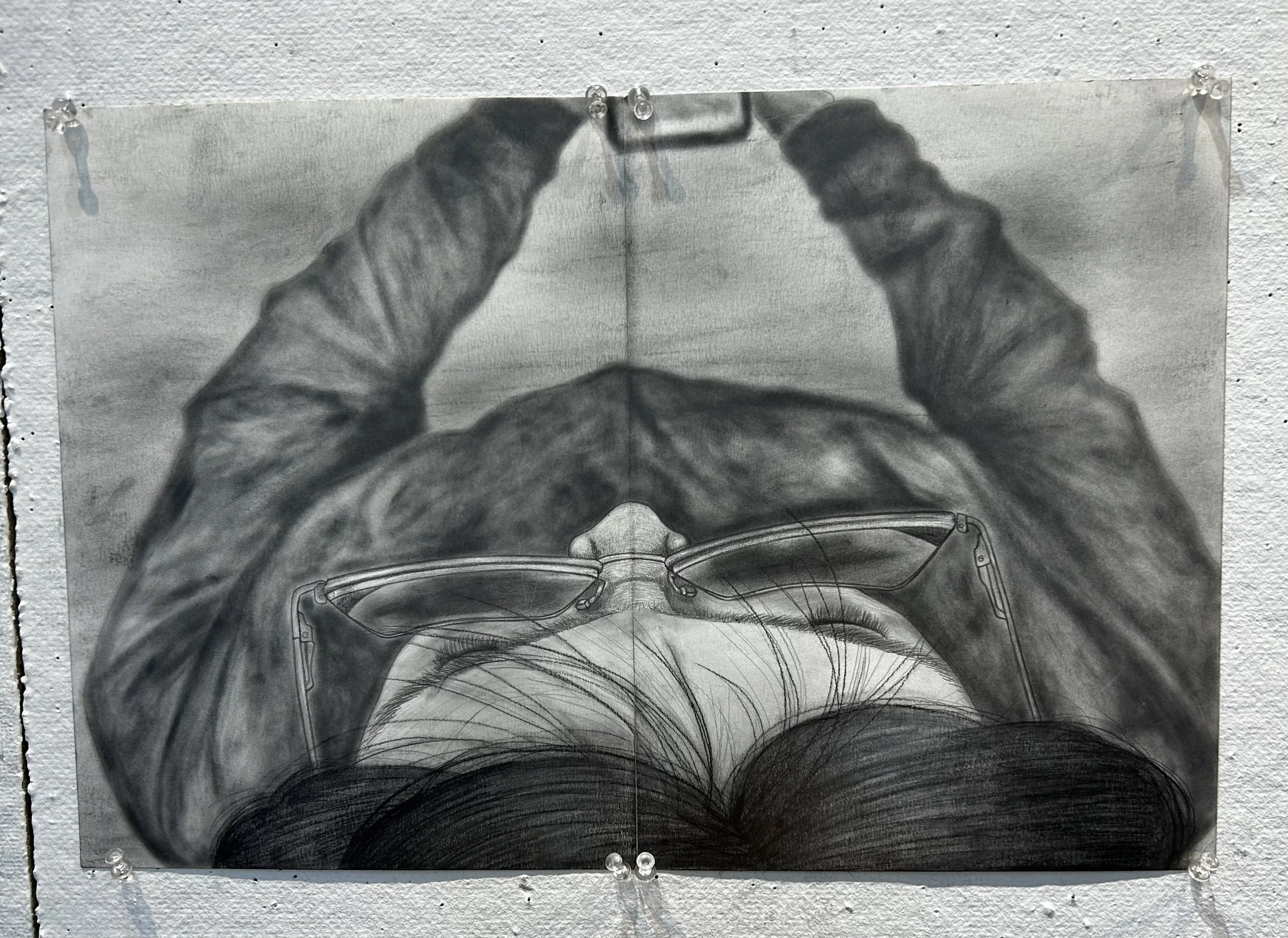 “Loss of Lenses”, charcoal on paper, 11.5” x 16”, 2024.