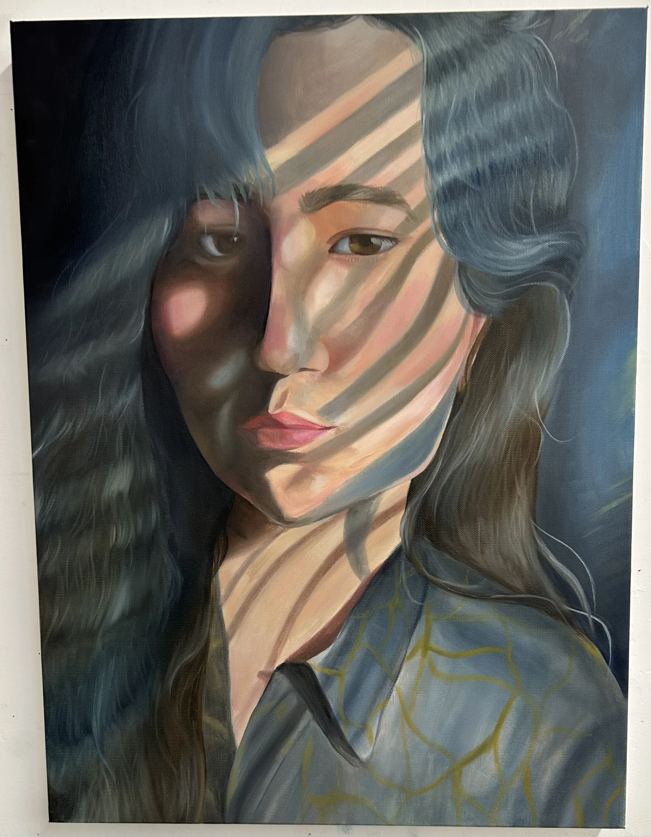 “Self Portrait”, oil on panel, 18” x 24”, 2024.