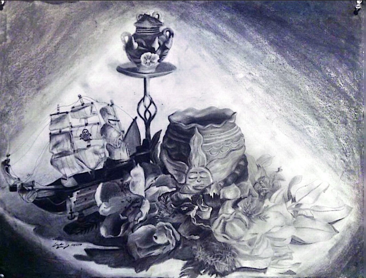 “Vanitas of Abuela”, charcoal on paper, 18” x 24”, 2016.