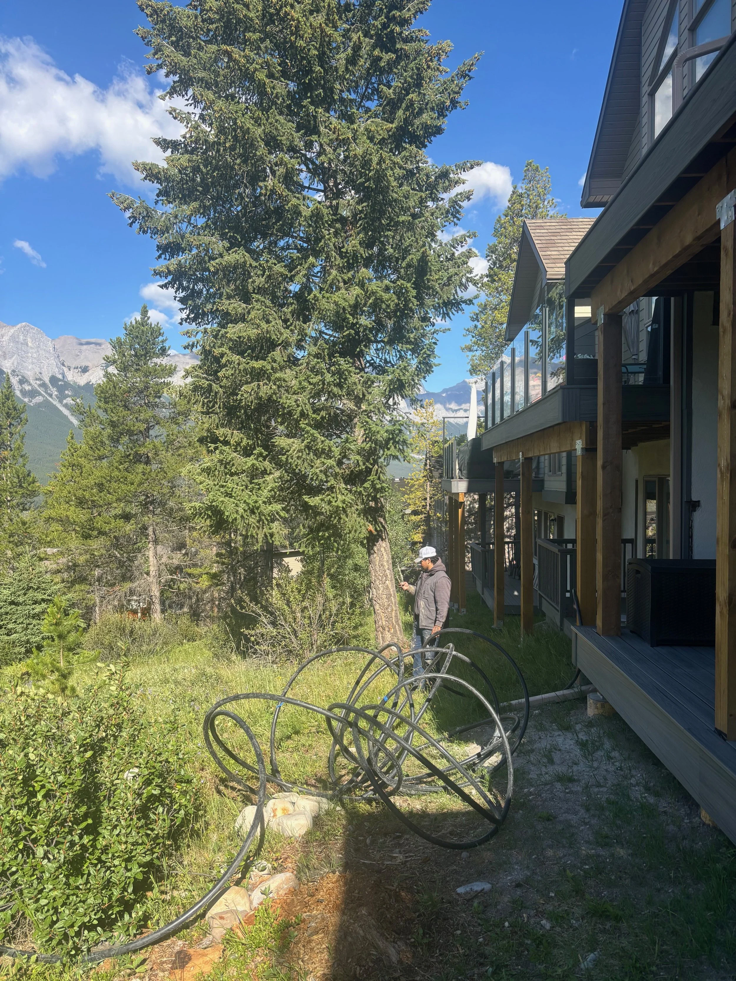A man in a gray jacket and cap standing outside near a tall pine tree, looking at his phone, next to a modern, multi-story house with a balcony, surrounded by greenery and mountains in the background on a sunny day.