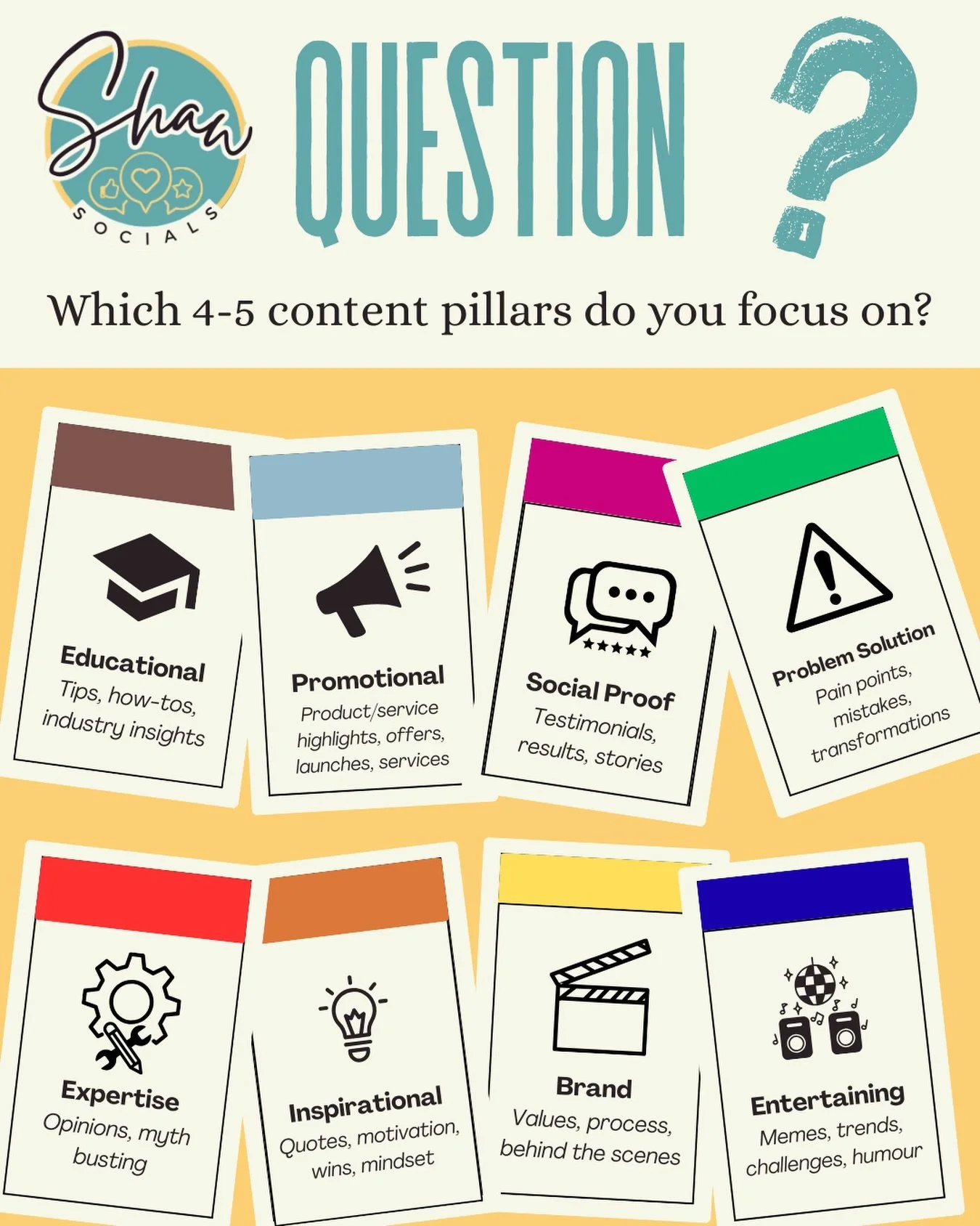 Content pillars are the main themes your content revolves around. They act like guide rails for everything you post, helping your content stay:
✨ Consistent ✨ On-brand ✨ Easy to plan ✨ Recognisable to your audience

🤔 Why choose 4&ndash;5 content pi
