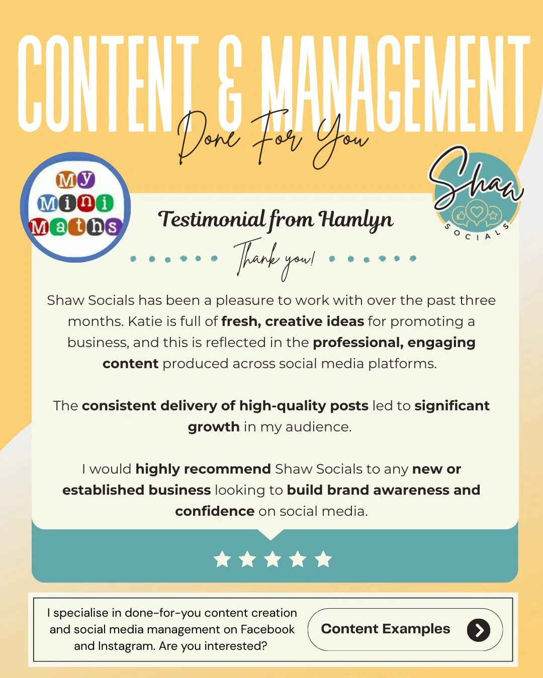 Helping businesses grow on social media is exactly why I do what I do. 

If you&rsquo;re a business owner who struggles to stay consistent online, I bring fresh, creative ideas and turn them into professional, engaging content tailored to your brand.