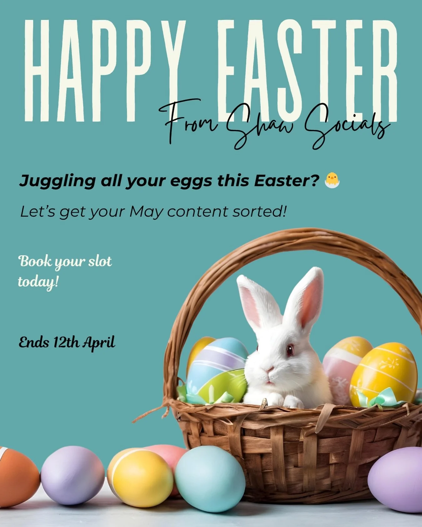 Juggling all your eggs in one basket this Easter? 🐣🥚 
And already thinking&hellip; what on earth am I going to post when my break is over? 

Let&rsquo;s fix that. 

I am offering a 1:1, 2-hour strategy call to map out your social media for May: 

✨