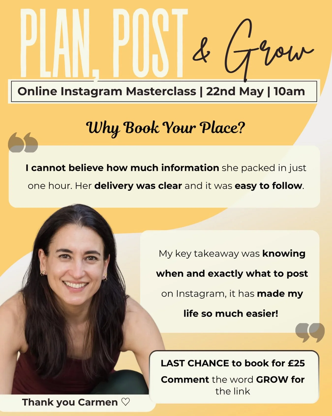 Planning, posting and growing on Instagram takes time and strategy and I have the online masterclass for it! 

If you&rsquo;re looking to improve the customer journey on Instagram so that your profile guides people from finding you for the first time
