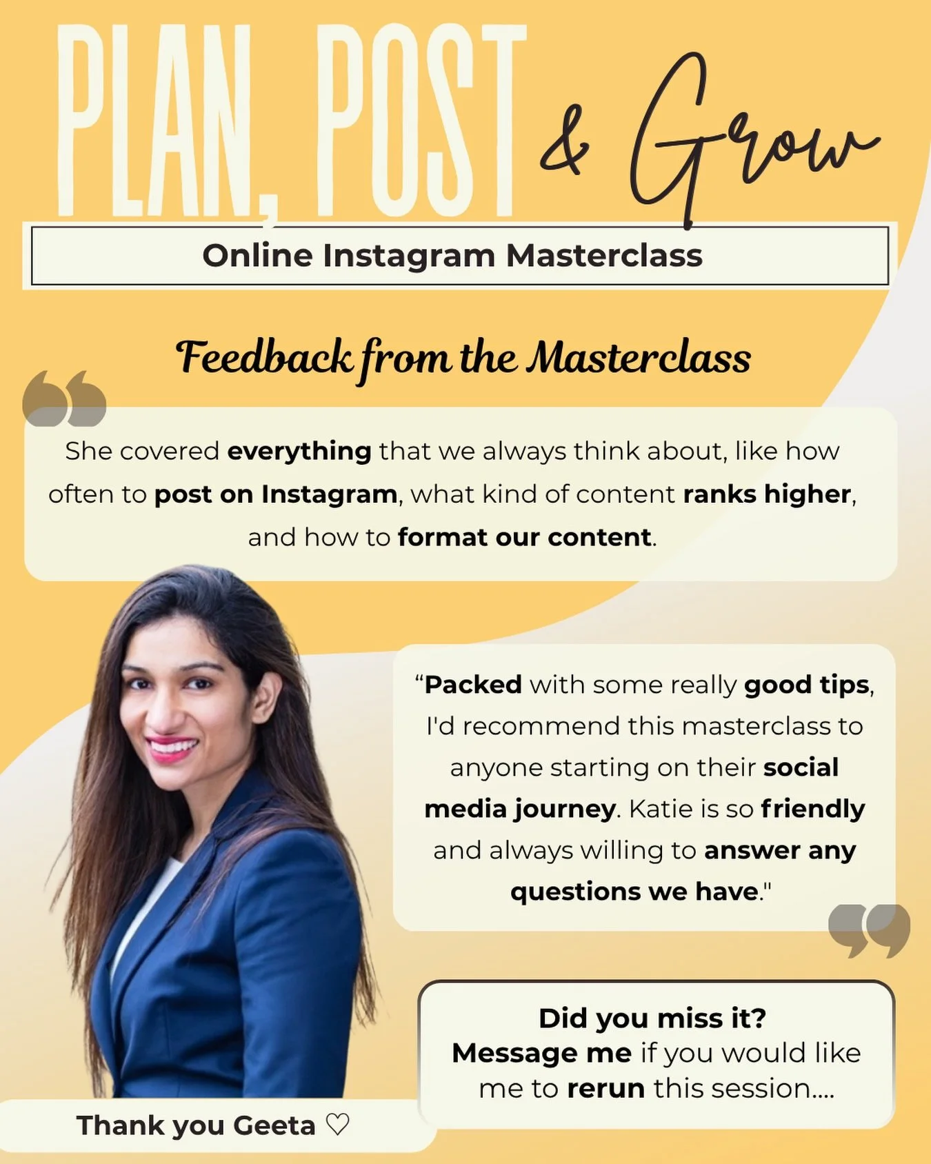She came to learn Instagram&hellip; and left with a strategy. 🚀

Nothing beats hearing that my Online Instagram Masterclass has given someone the confidence and strategy they need to use Instagram for their business.

A huge thank you to @geeta_dasw