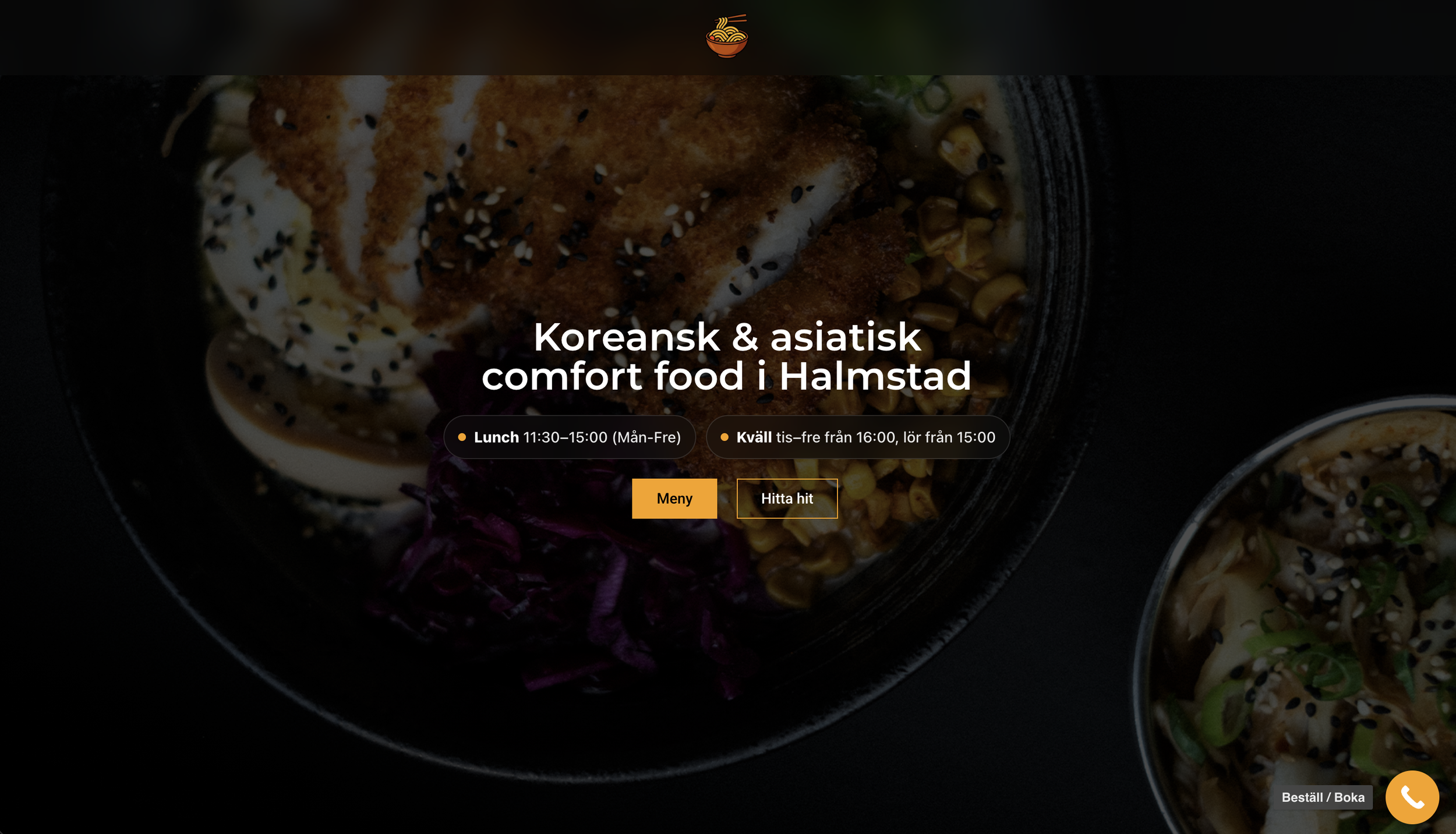 Webbplats för koreansk och asiatisk comfort food i Halmstad, med bilder av asiatiska rätter och kontaktknapp.
