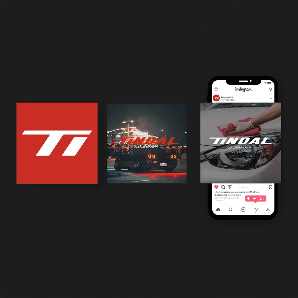Tre bilder som representerar ett bilmärkes varumärke, inklusive en logga, en nattbild av en bil och en bild av en person som rengör en bils front tillhör en reklamkampanj för bildelar eller bilvård på Instagram.