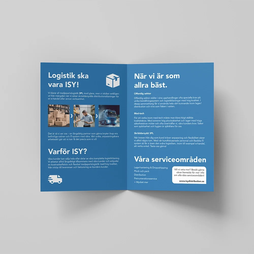 En blå inbjudan eller broschyr med text om logistik och tjänster, inklusive bilder av en person med en surfplatta och en lastbil, samt sektioner för varför välja företaget, deras tjänster och serviceområden.