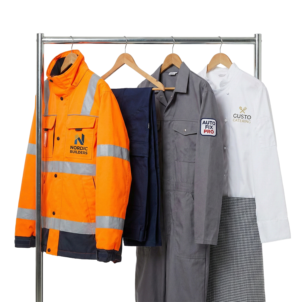 Klädhängare med fyra arbetskläder, inklusive en orange reflexjacka, en blå byxa, en grå arbetsjacka och en vit kockrock.