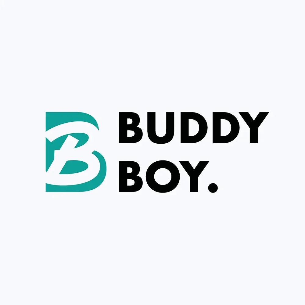 Logotyp med en stor bokstav B och texten 'BUDDY BOY.'