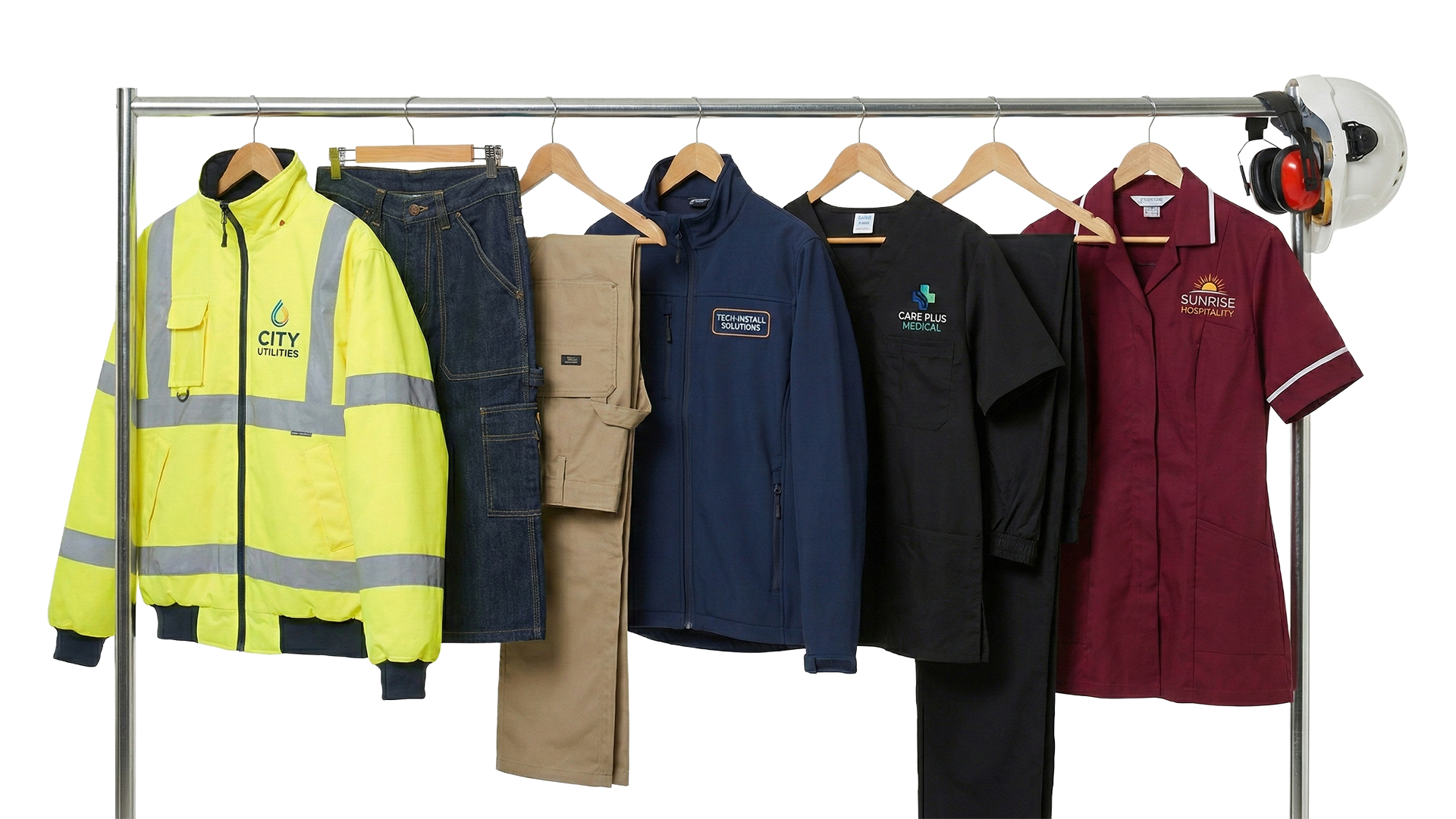 Olika arbetskläder hängande på ett klädstreck, inklusive en högsynlig jacka, jeans, en beige arbetsväska, ett blått fleecejacka, svarta arbetskläder och en vinröd arbetskocka med firmaloger.