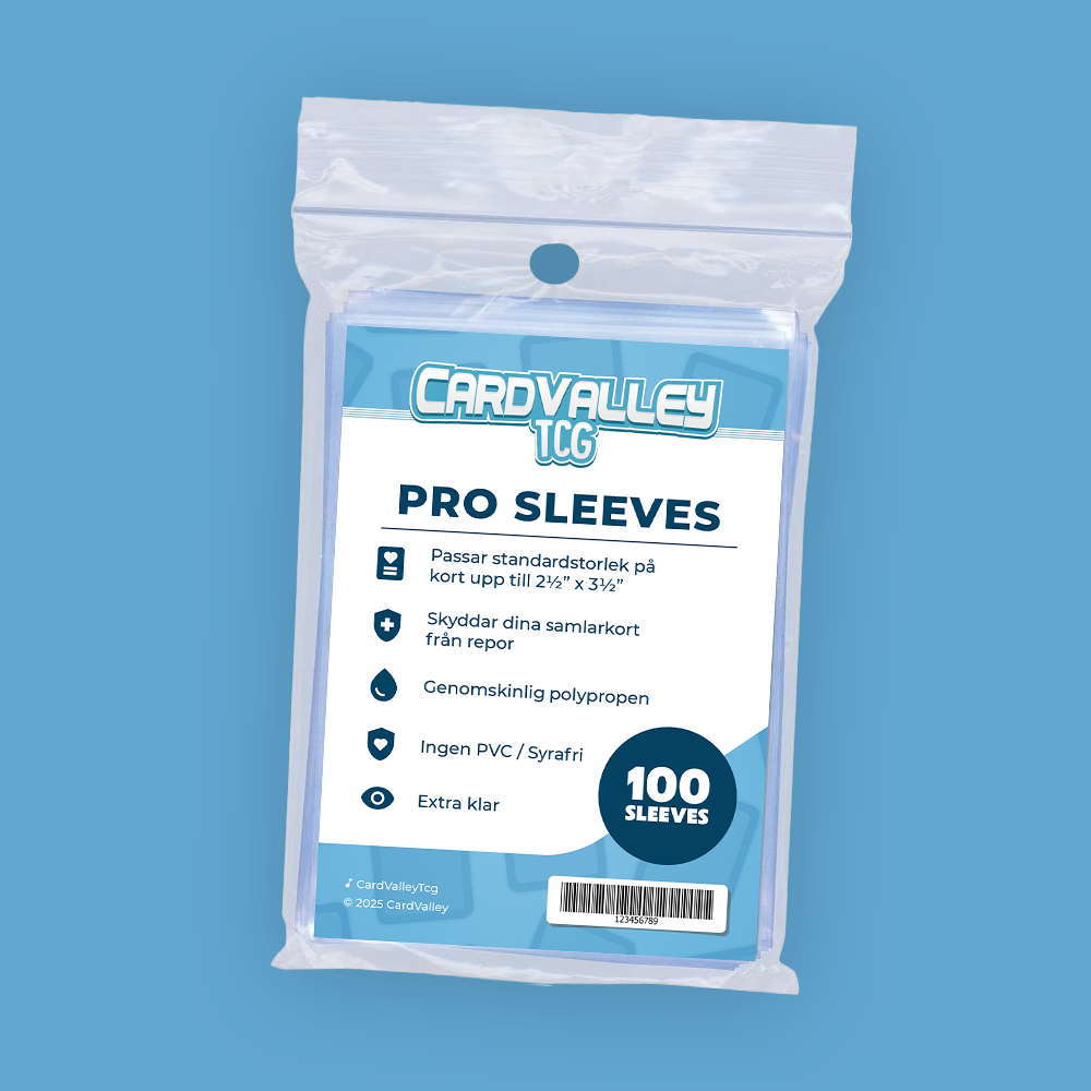 Förpackning med 100 Pro Sleeve kortskydd från Card Valley, med blå och vit design, listade funktioner, och barcode.