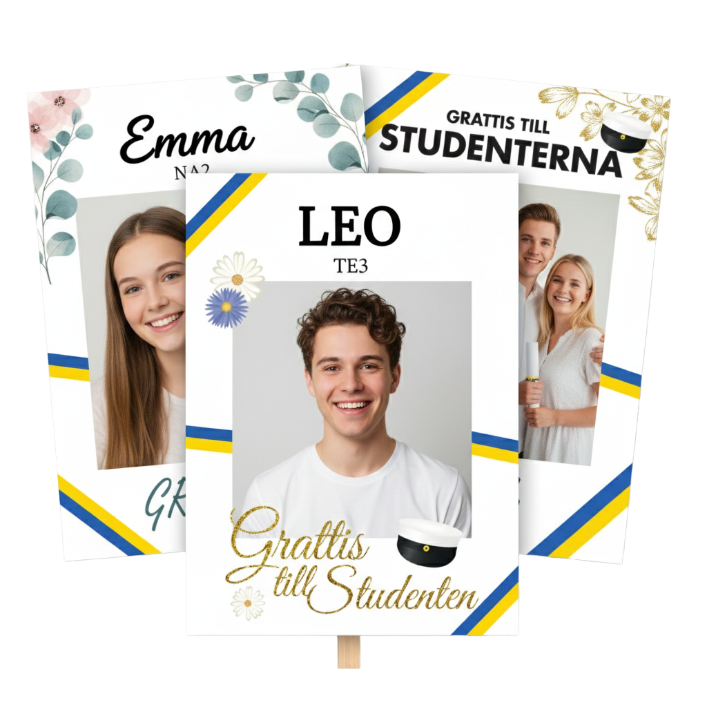 Posterpogram för studenter med bilder av tre unga personer, text som säger 'Grattis till Studenten' och en studentmössa, med blå, gul och vit färg palett.