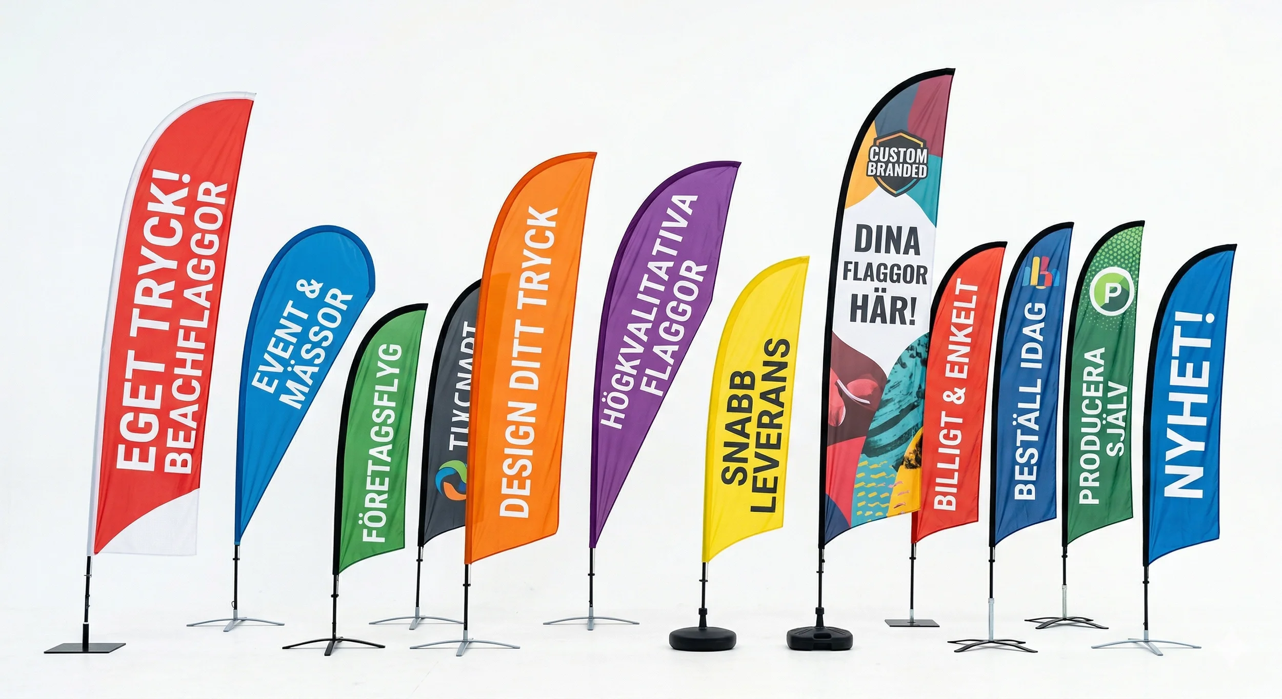 Flera färgglada reklamskyltar och flaggor med svenska motiveringar för företagsevenemang och marknadsföringsbudskap