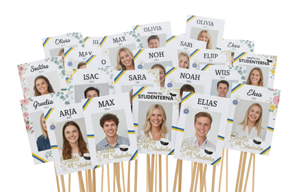Fotografi av många studentplakat i halmstad med bilder av elever, deras namn och klass, samt texten "Grattis till alla Studenter".