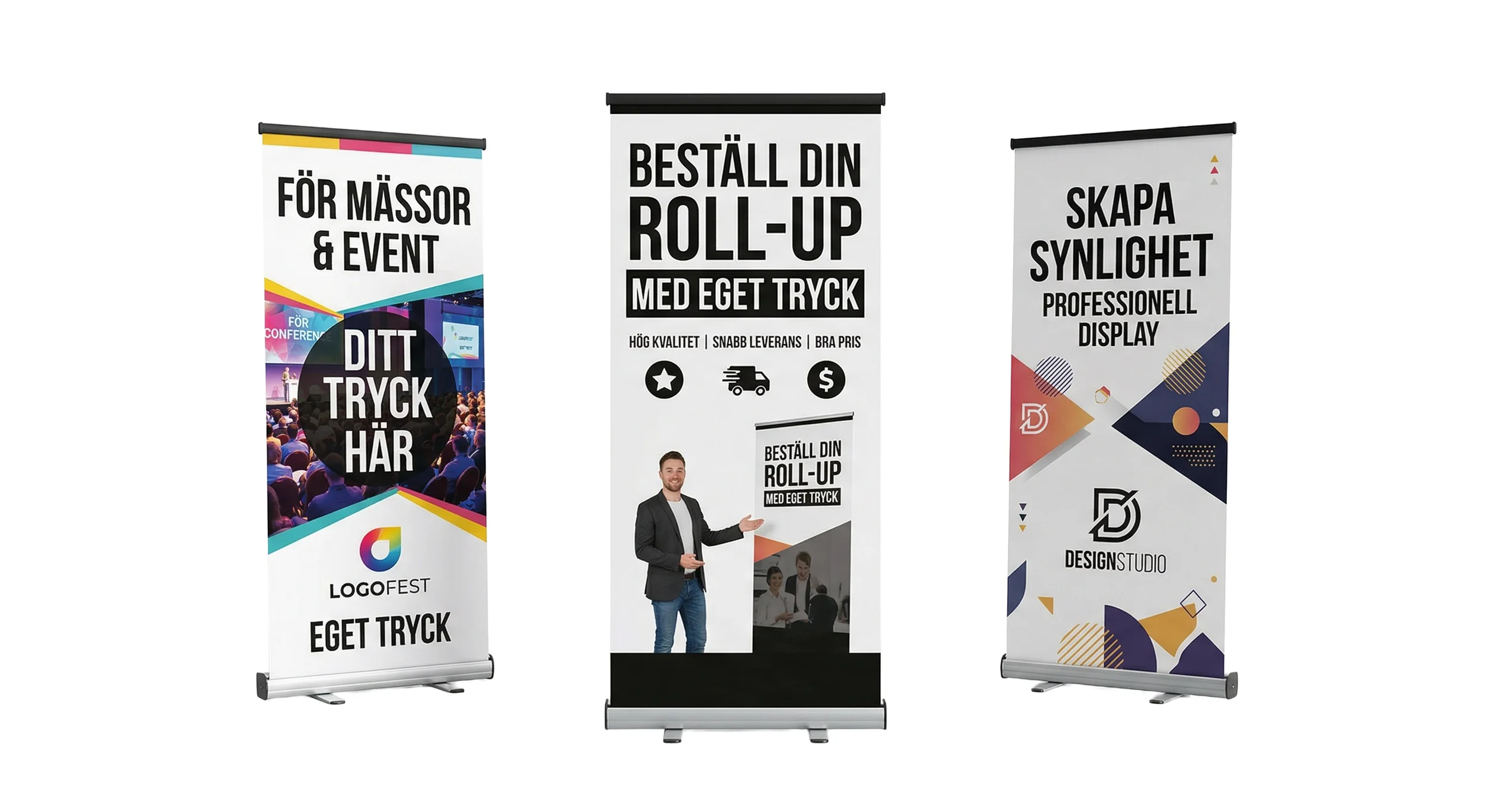 Tre reklamskyltar för evenemang, tryck och design, med text på svenska.