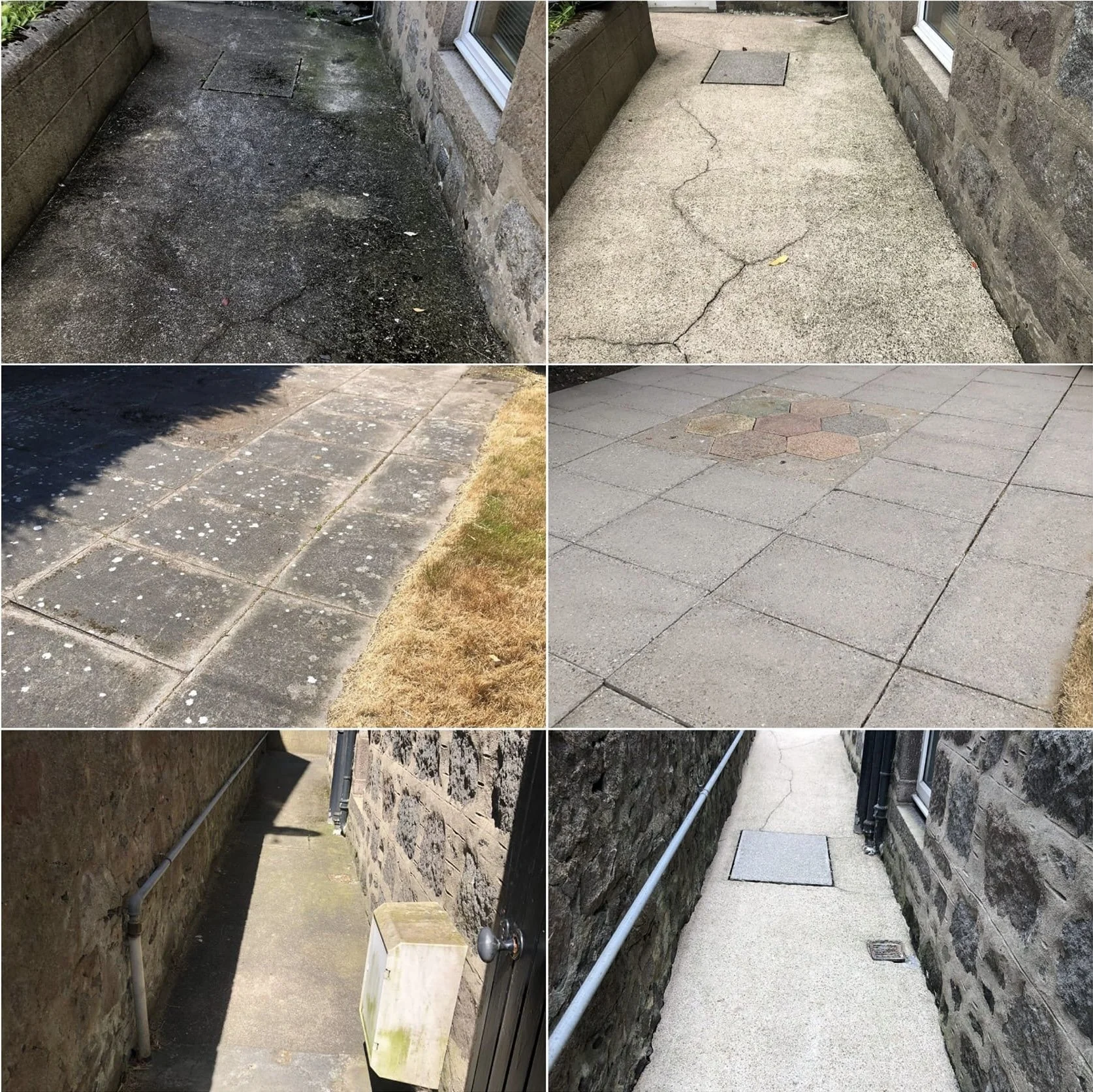 Comparison of different outdoor concrete and stone walkways, varying in cleanliness, damage, and design.