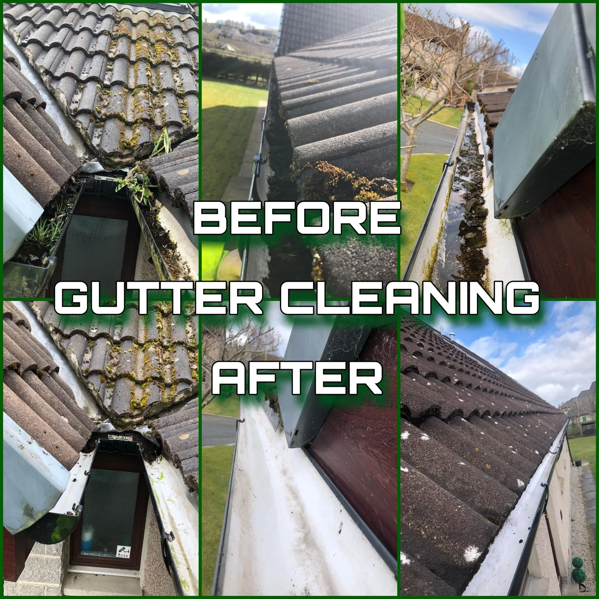 Img showing a comparison of roof gutters before and after cleaning. The top row illustrates dirty, moss-covered gutters; the bottom row shows cleaned gutters.