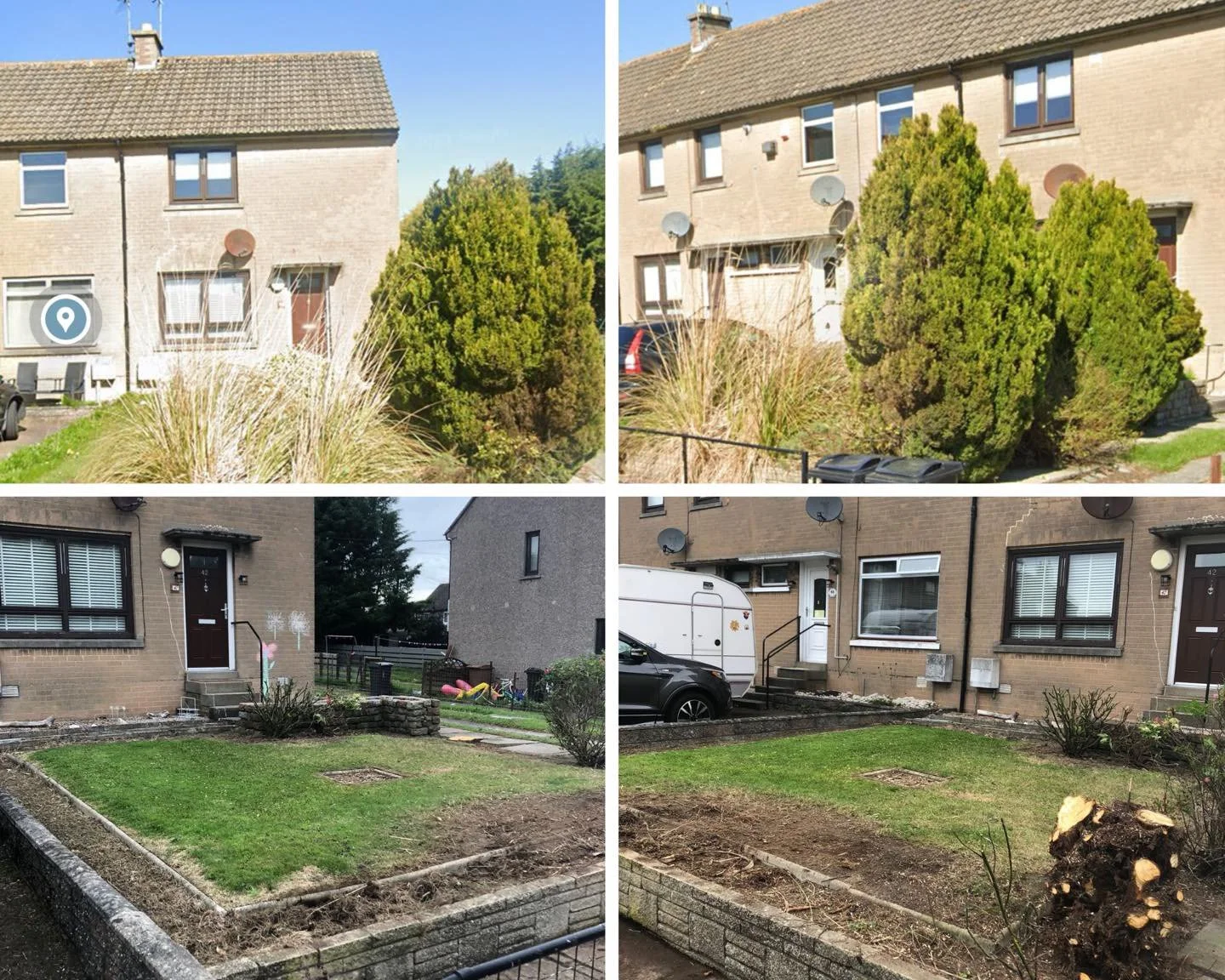Comparison of a garden area before and after landscaping renovation, showing a backyard with a lawn, shrubs, and neighboring houses.