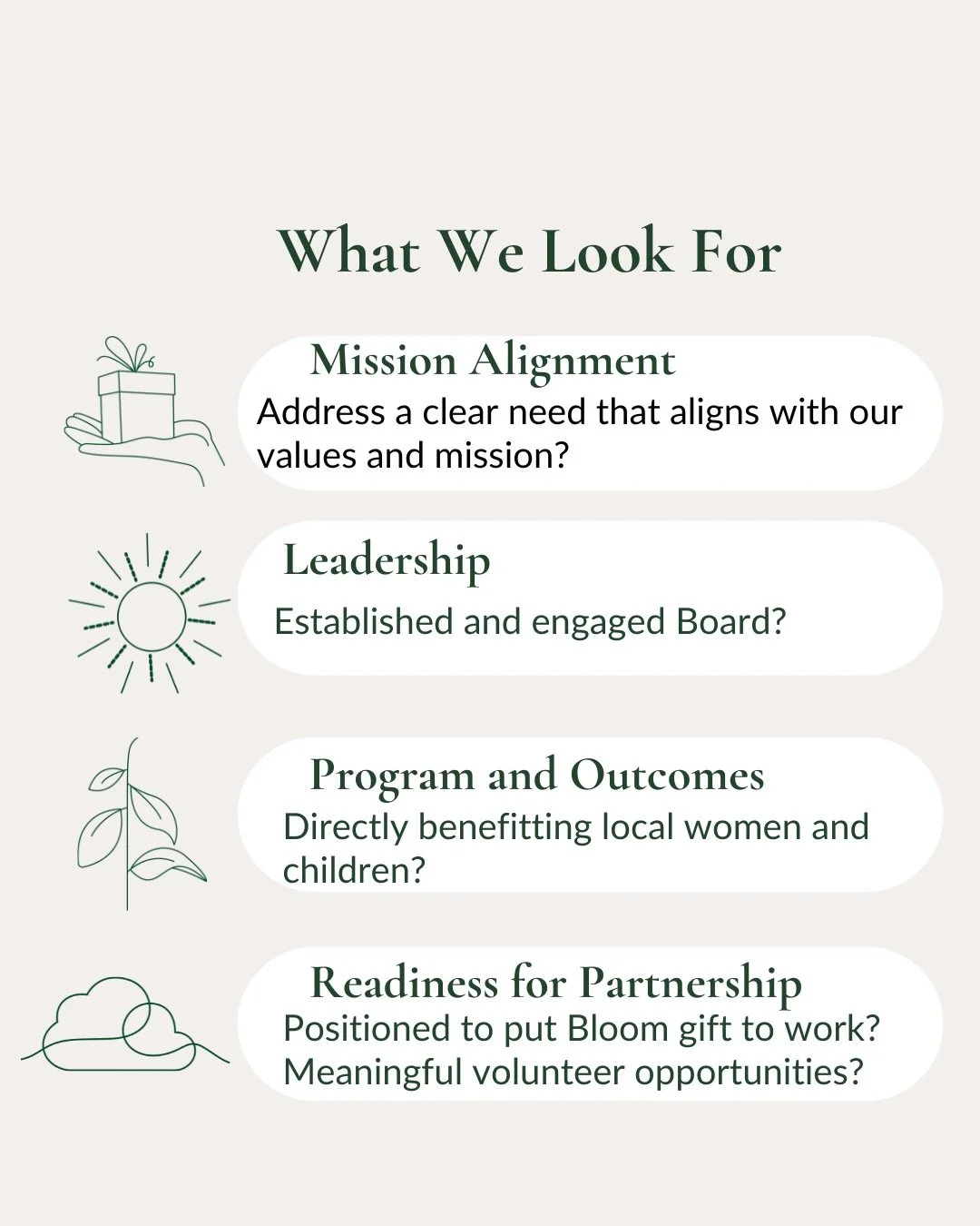 The Bloom Council is currently interviewing our three finalist organizations. Thank you to our Members who nominated so many incredible nonprofits. Here is the high-level criteria we look at when we evaluate the nominations to determine our finalists