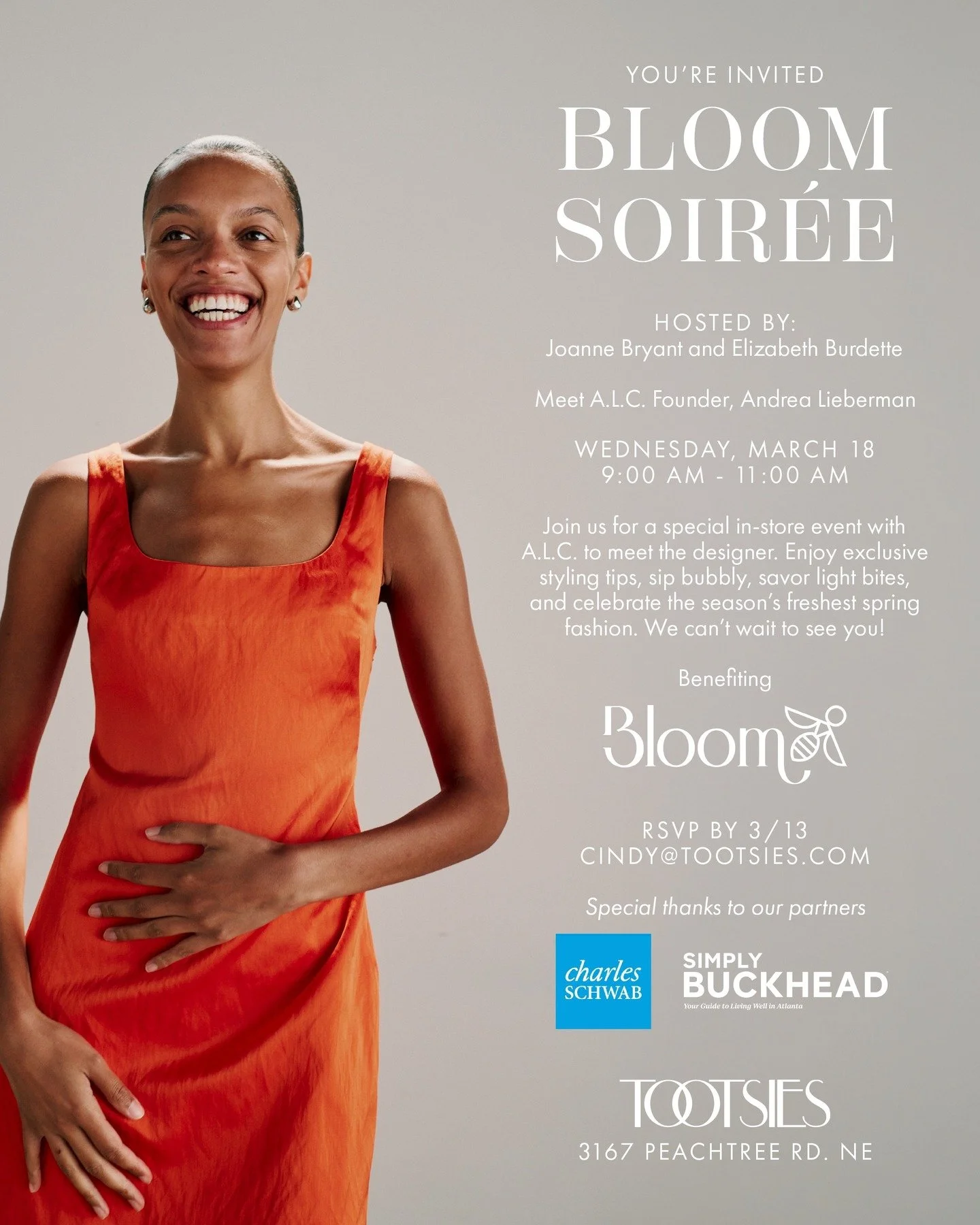 Let's go shopping (for a cause)! Please join us for a private shopping event on March 18 from 9 to 11 am at Tootsies Buckhead - before the boutique opens! Meet the founder and designer of A.L.C. Andrea Lieberman. Proceeds from sales will support Bloo