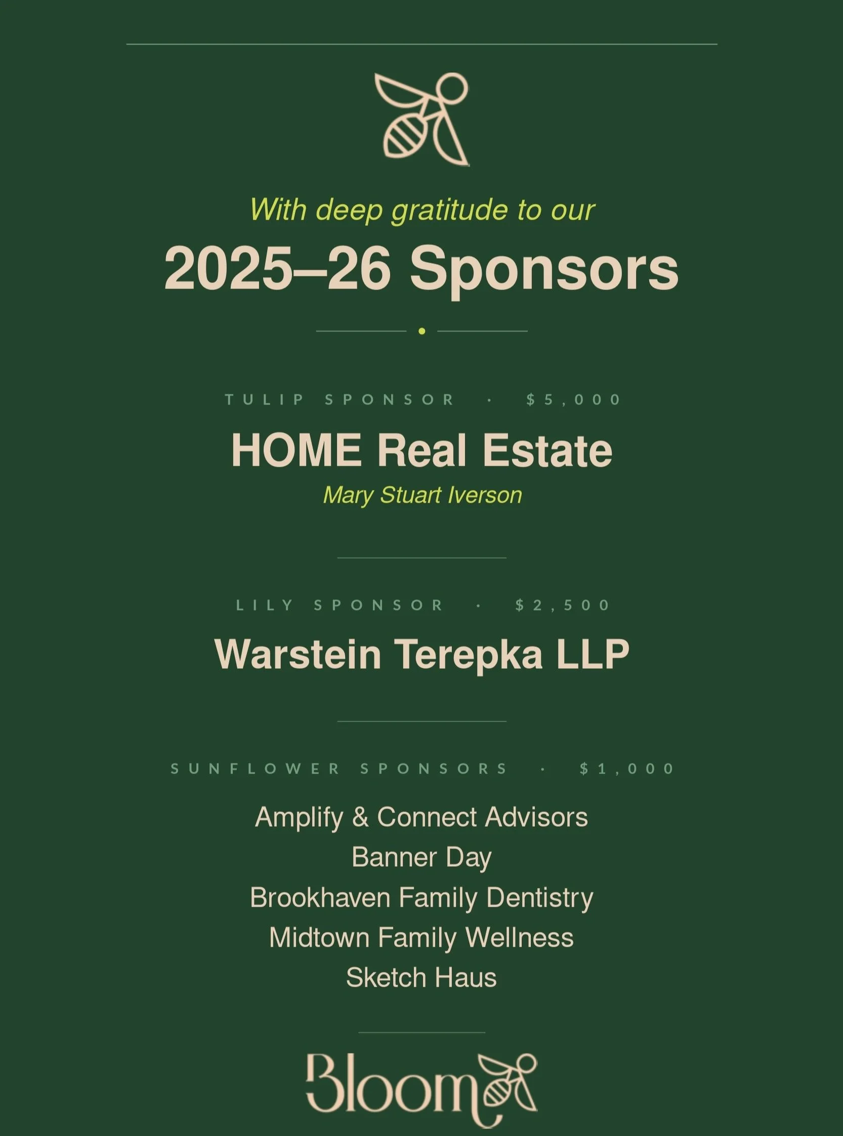 A huge thank you to the sponsors who made Bloom's fourth year possible! Interested in sponsoring the 2026-27 Bloom year? Let us know! We've got big goals and can't do it without individuals and companies in our community who believe in our mission. @