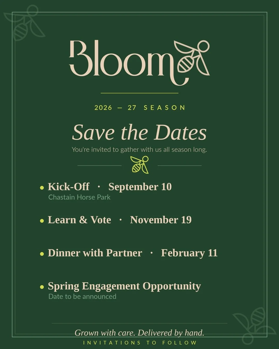 Mark your calendars for Bloom's fifth year!! We cannot wait to celebrate with you, expand our community and our impact. First up - Kick-Off at Chastain Horse Park on September 10! ALL are welcome at all of our Gatherings, please bring guests 🌸 @chas