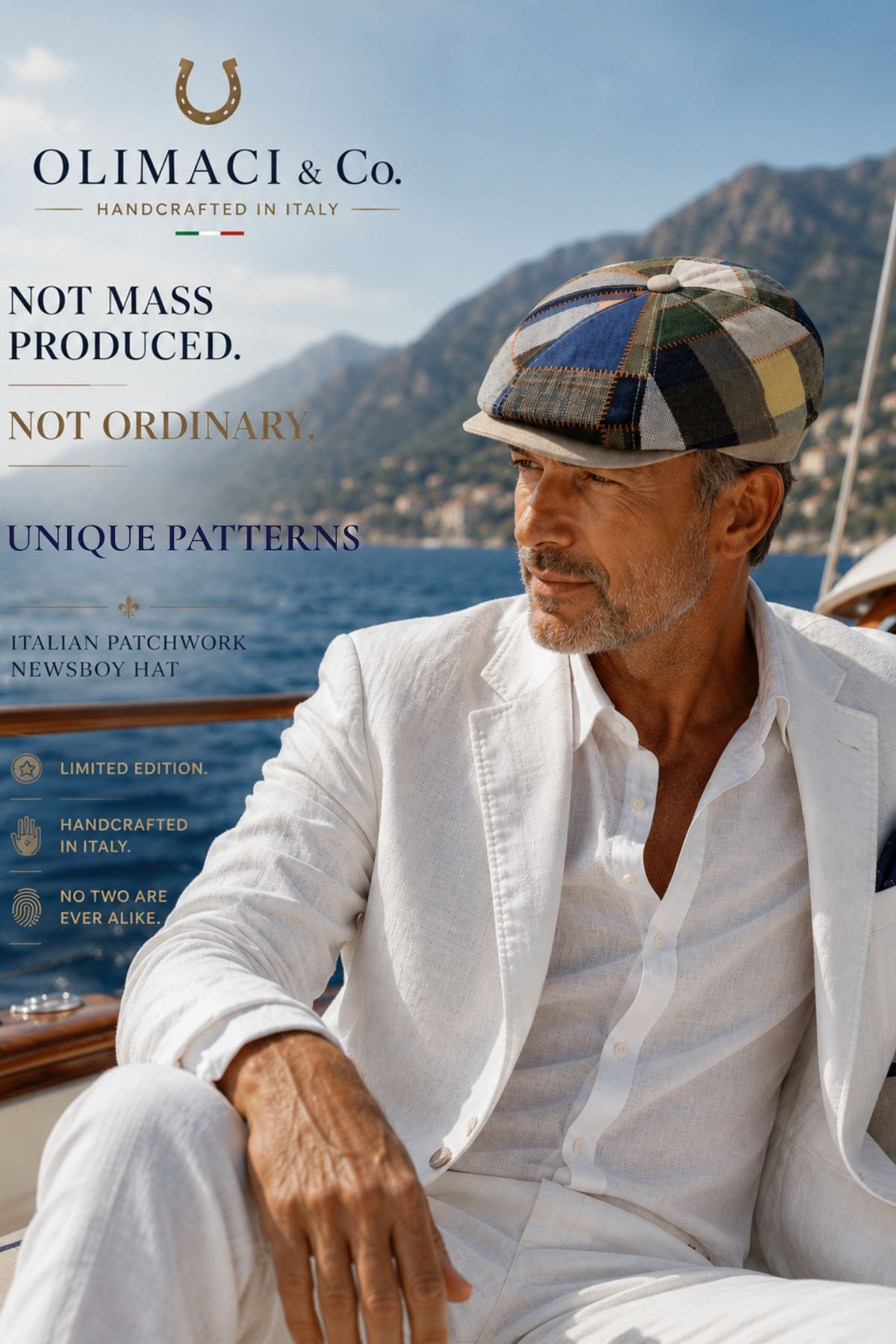 Italian Patchwork Newsboy Hat handcrafted in Italy, worn by a gentleman on a luxury yacht overlooking the Mediterranean coast.