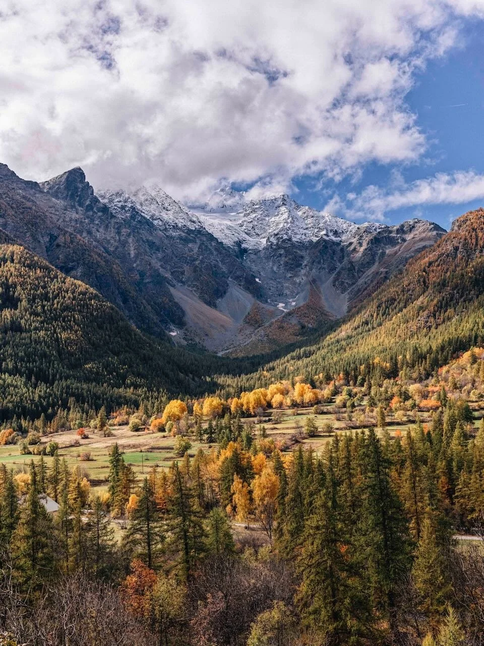 A scenic landscape with a valley surrounded by snow-capped mountains and a forest with trees in shades of green, yellow, and orange, under a partly cloudy sky.