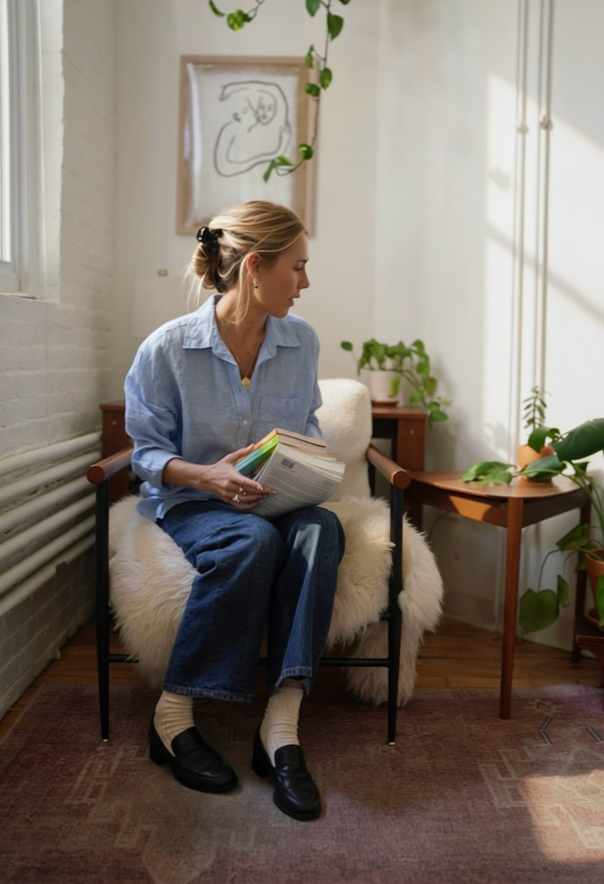 A woman with blonde hair tied back wearing a light blue shirt and dark jeans, seated on a chair with a fluffy white cushion, holding multiple books, in a cozy, brightly lit room with plants and art on the wall.