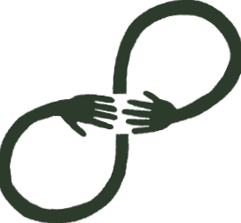Black and green illustration of an infinity symbol with two hands holding the loops.