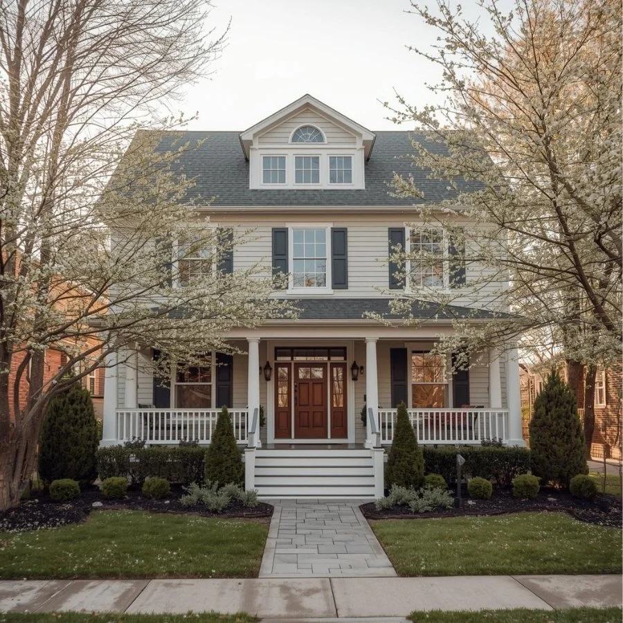 Spring home exterior with fresh greenery and natural light representing homeowners insurance coverage